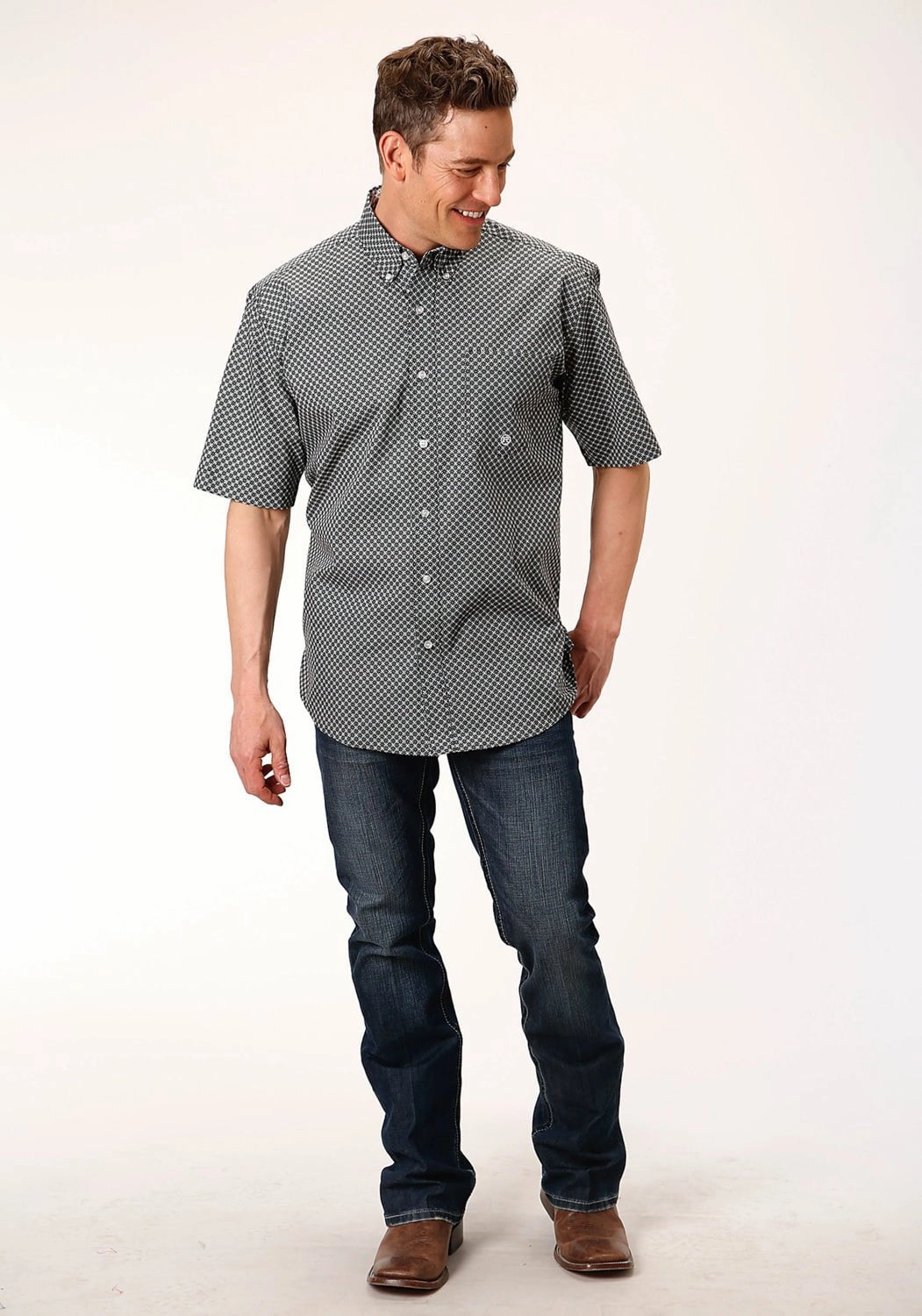 Classic Color Micro Perforated Texture Roper Mens Black 100% Cotton Diamond Star Geo BD S/S 1 Pocket Shirt