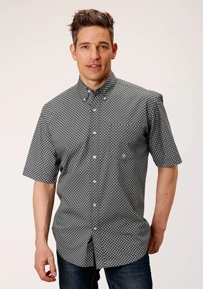 Eco Friendly Dye Roper Mens Black 100% Cotton Diamond Star Geo BD S/S 1 Pocket Shirt