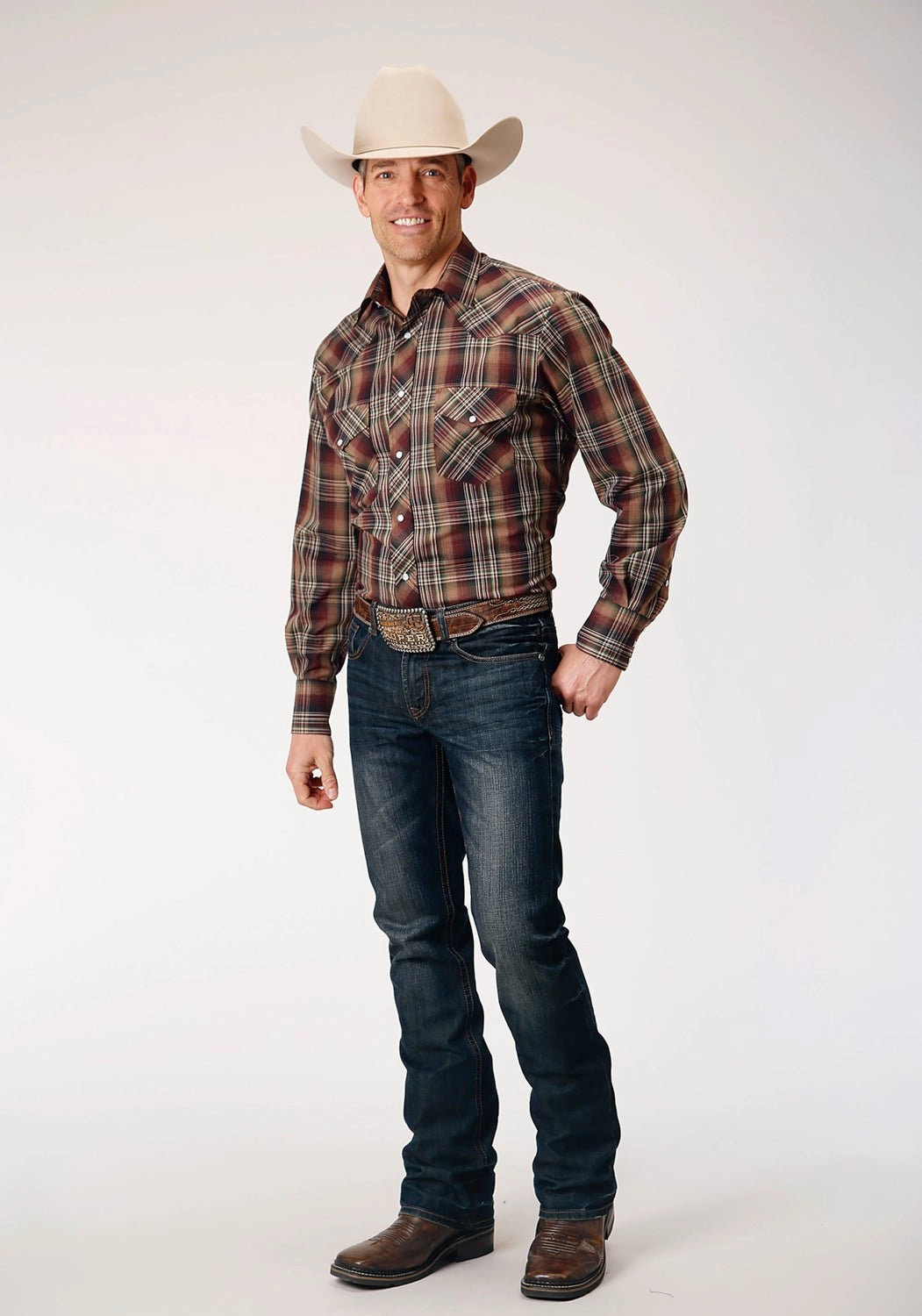 Temperature Regulating Fitted Design Roper Mens Green Plaid Multi Brown Cotton Blend L/S Shirt