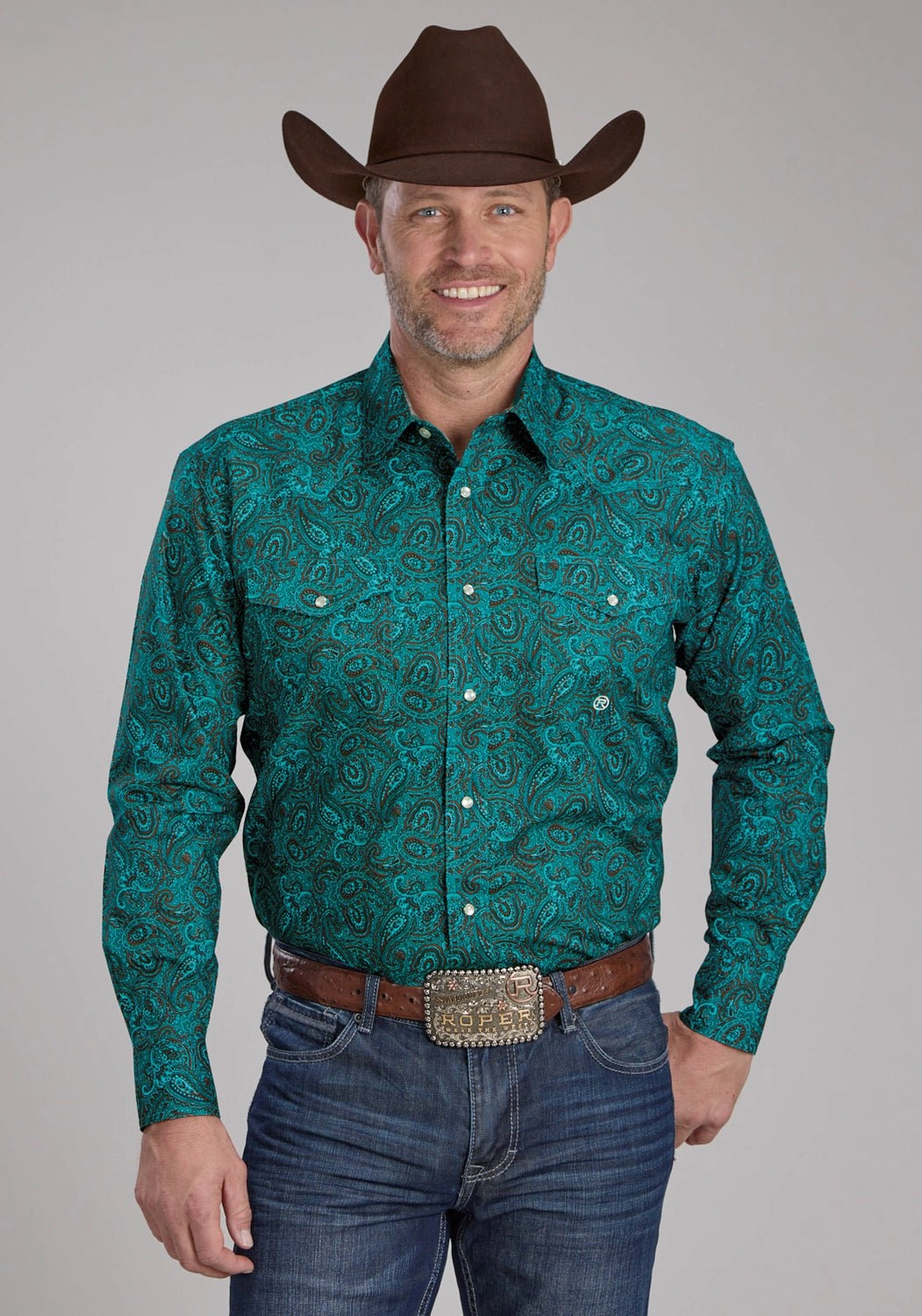 Roper Mens 2238 Mallard Paisley Teal 100% Cotton L/S Shirt Vibrant Colors