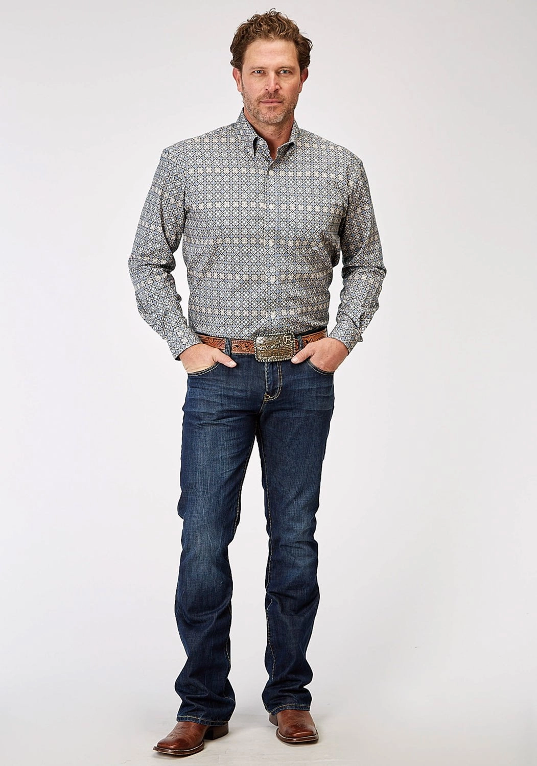 Bold Prints Striped style Roper Mens Western Foulard Tan 100% Cotton L/S Shirt