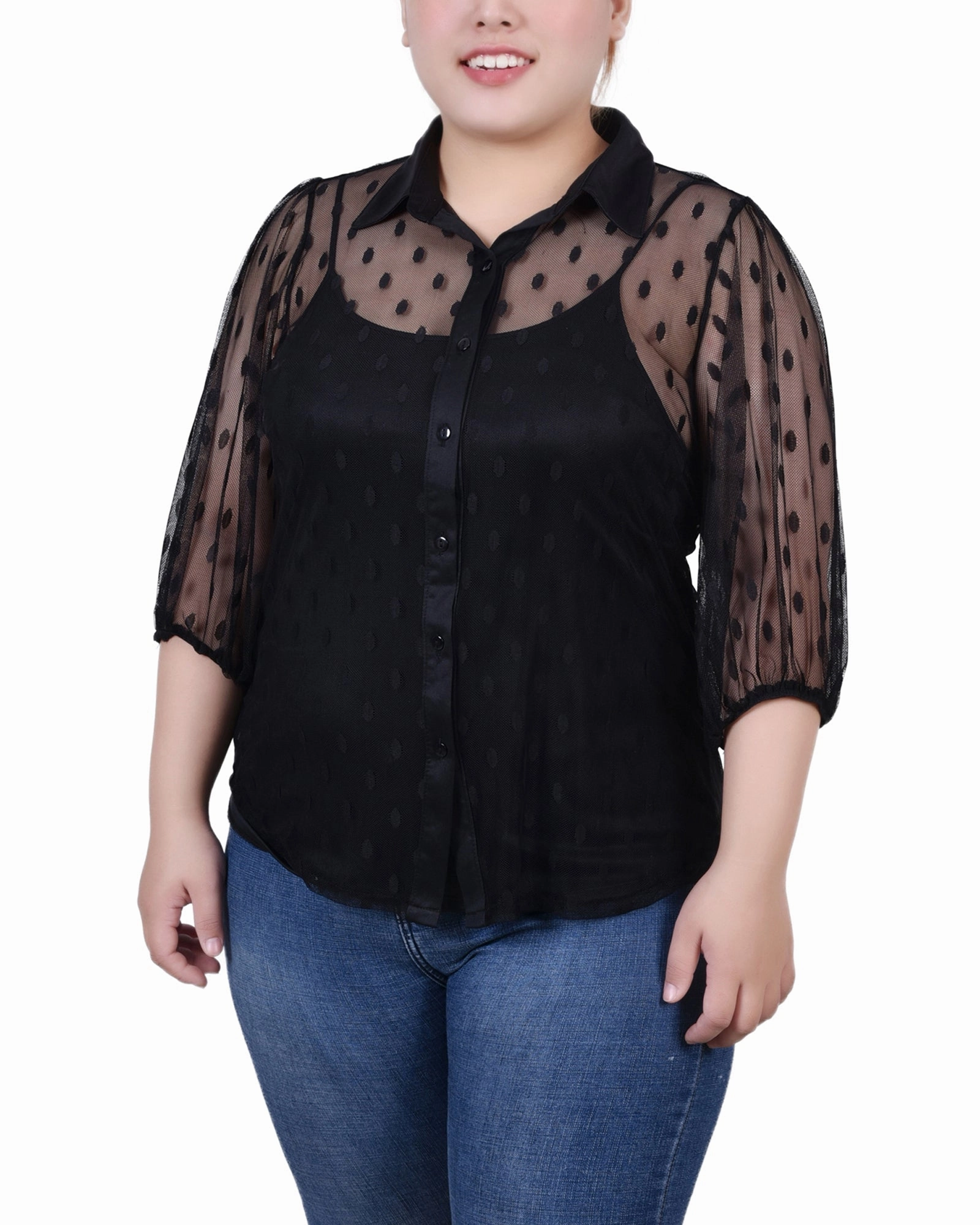 Plus Size Elbow Sleeve Clip Dot Blouse With Camisole Trendy Sweater Formal Wear