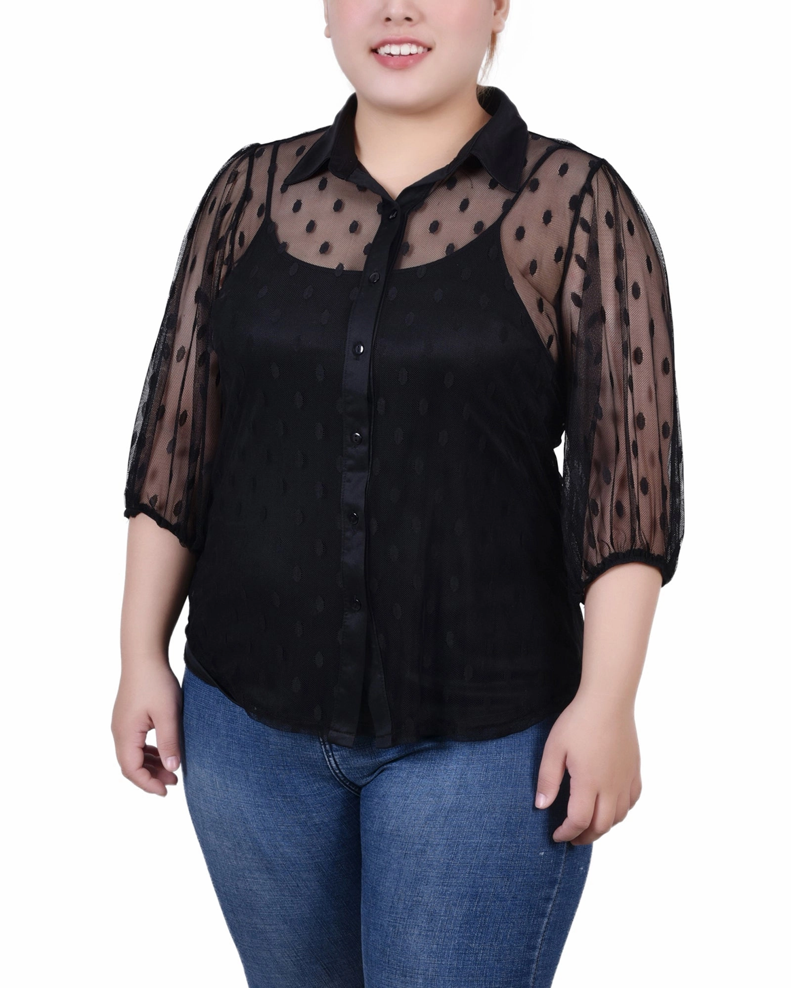 AbrasionResistant Surface Plus Size Elbow Sleeve Clip Dot Blouse With Camisole