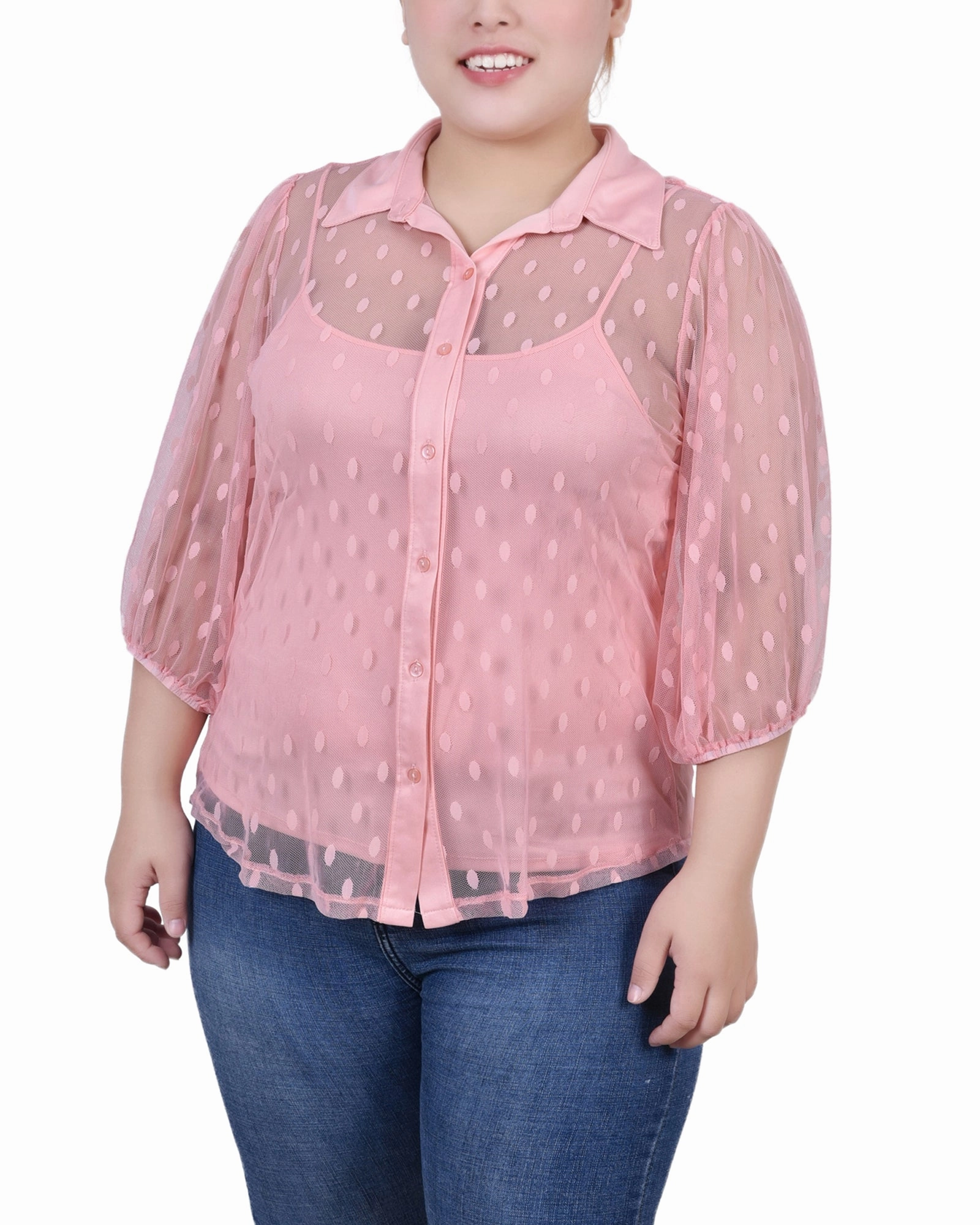 BreathableMeshInsert Plus Size Elbow Sleeve Clip Dot Blouse With Camisole