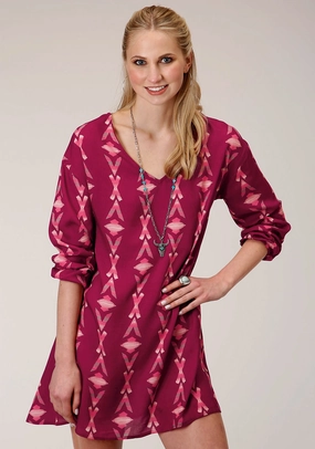 Roper Womens Wine Rayon/Nylon Aztec S/L Dolman Sleeve Dress Brunch Glow Fall Silhouette