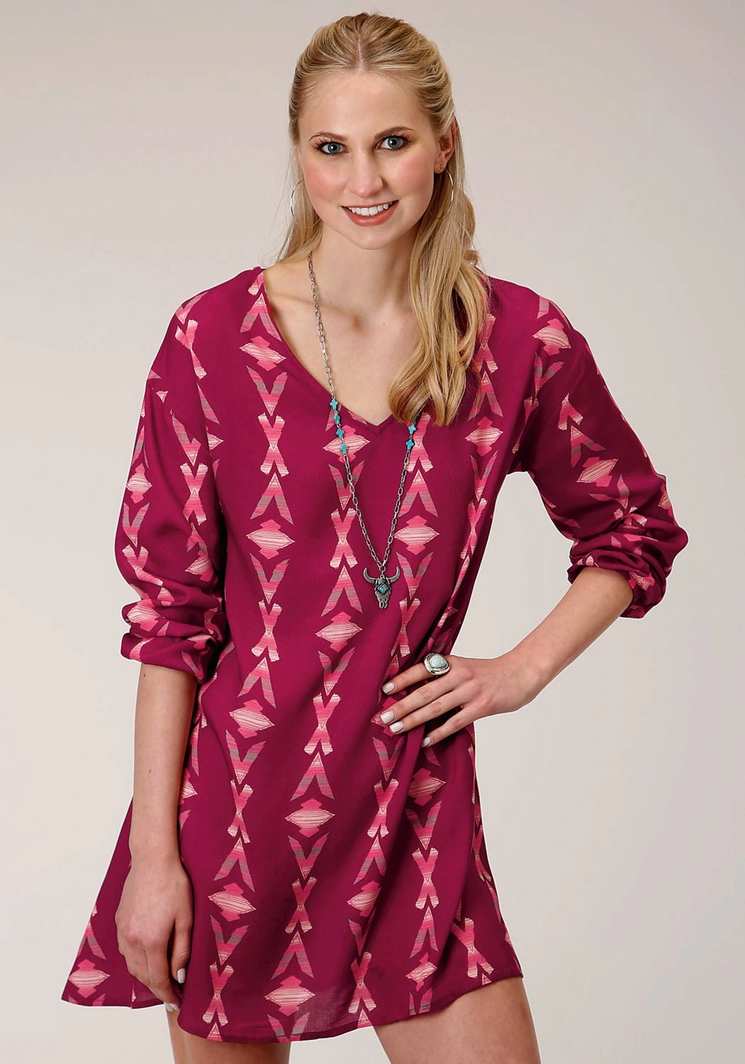 Roper Womens Wine Rayon/Nylon Aztec S/L Dolman Sleeve Dress Brunch Glow Fall Silhouette