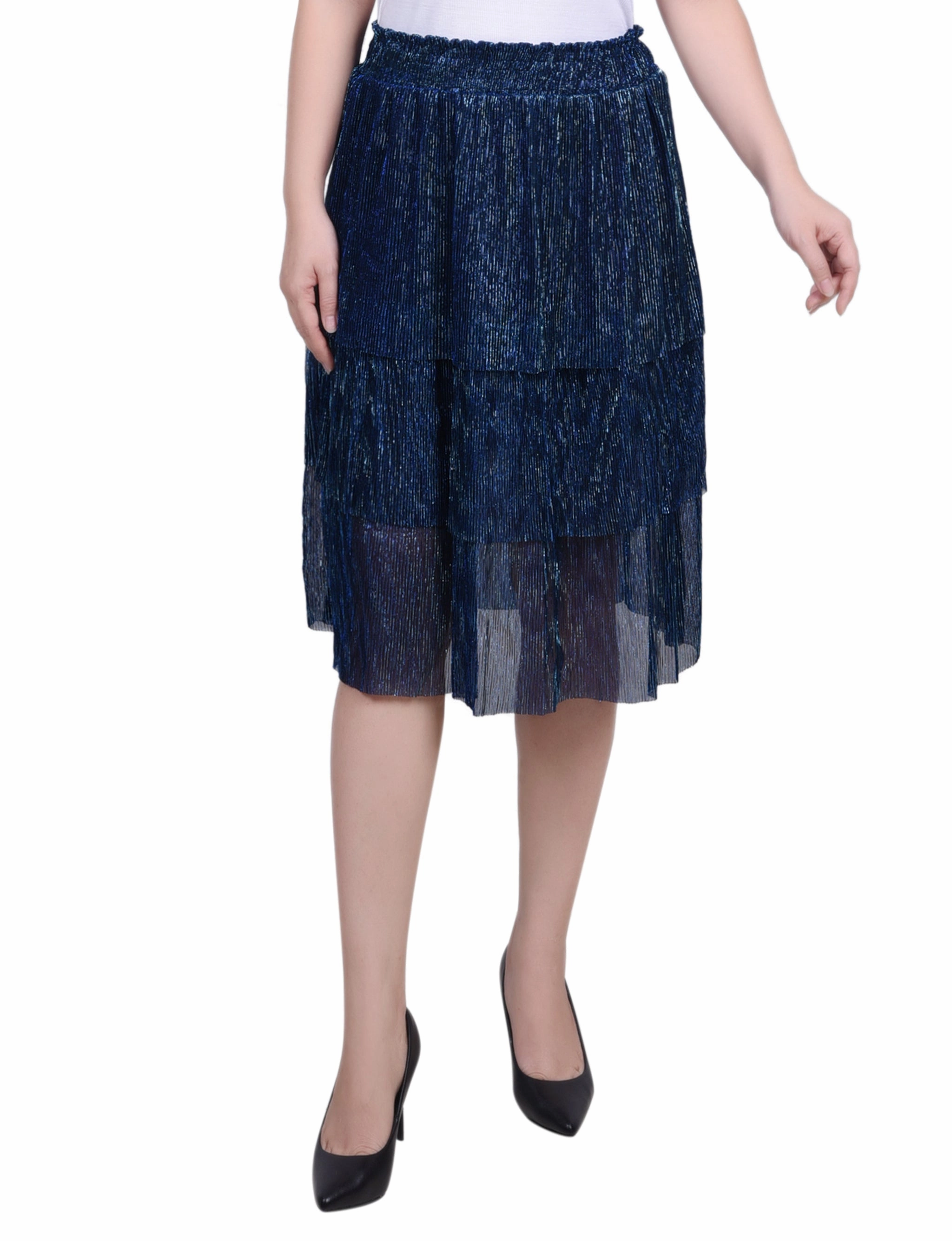 Petite Tiered Mesh Plisse Skirt Suede Feel Matching Belt