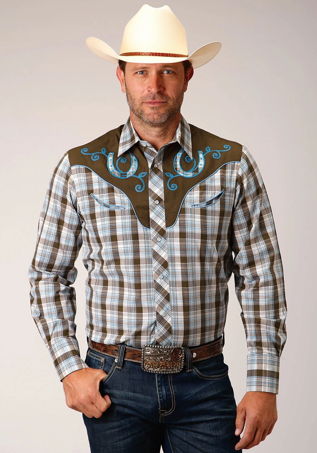 Classic Design Roper Mens Fancy Yoke Horseshoe Brown/White Cotton Blend L/S Shirt