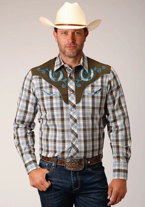 Classic Design Roper Mens Fancy Yoke Horseshoe Brown/White Cotton Blend L/S Shirt