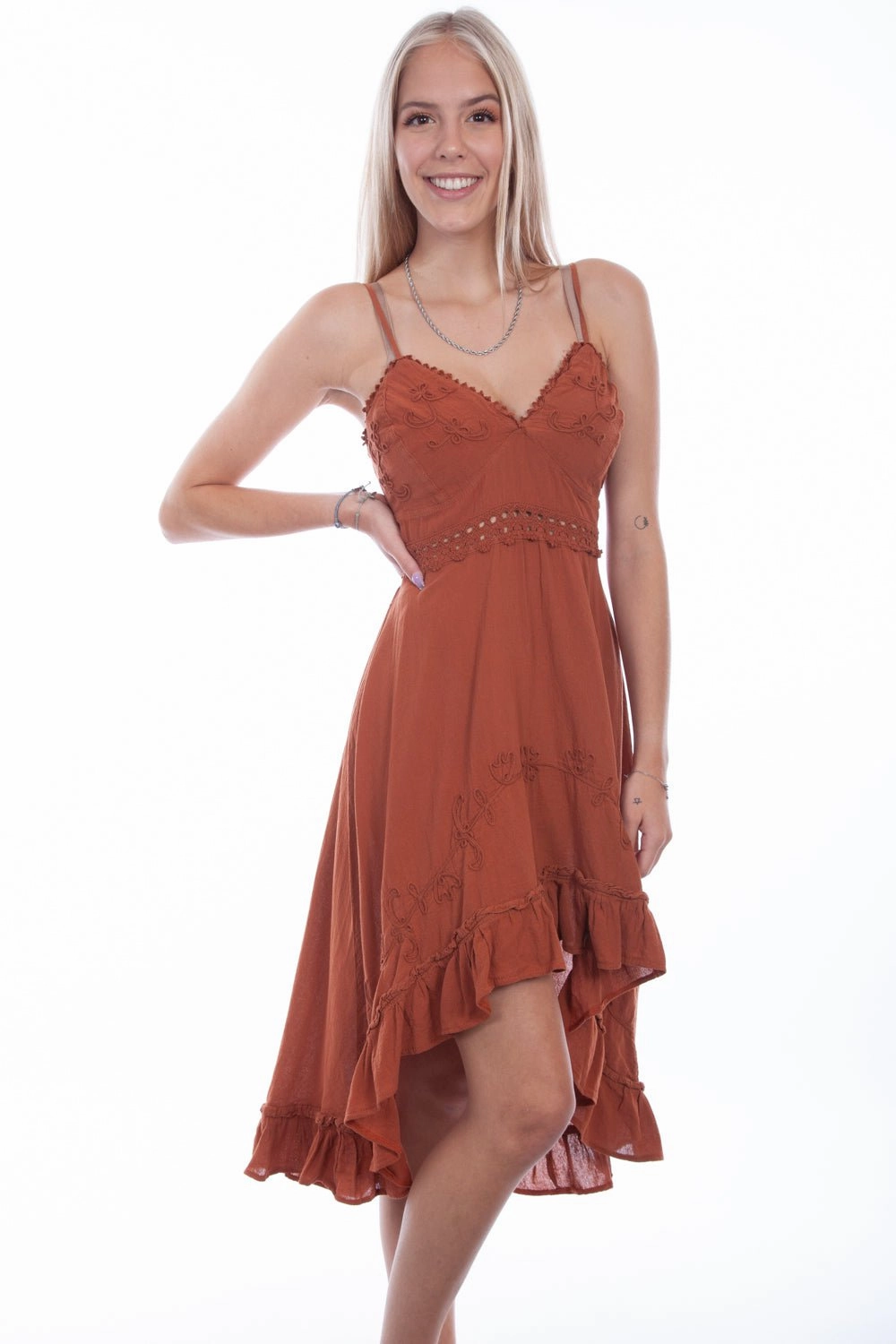 Evening Vibe Scully Womens Ginger 100% Cotton Hi/Lo Empire S/L Dress