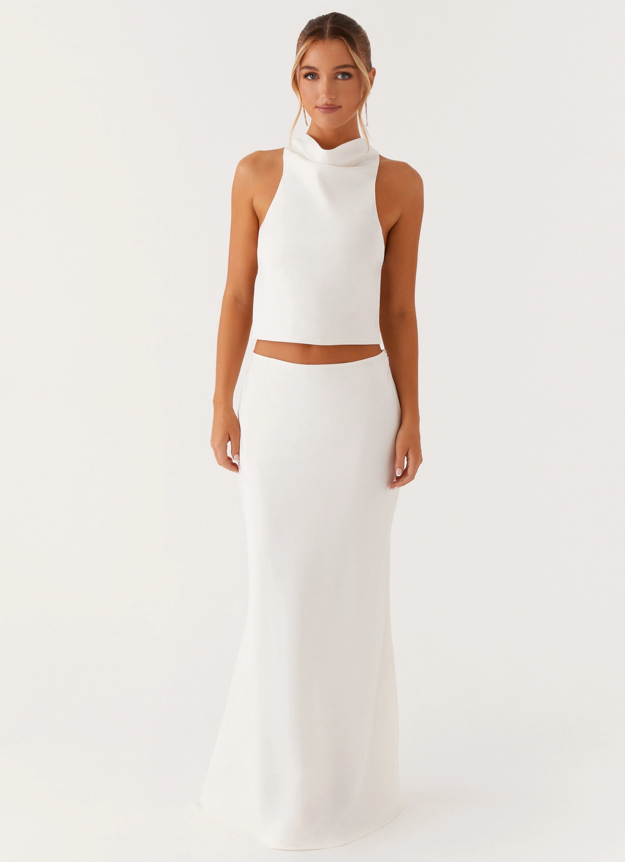 Mina Satin Maxi Skirt - White Snug Fit Knit