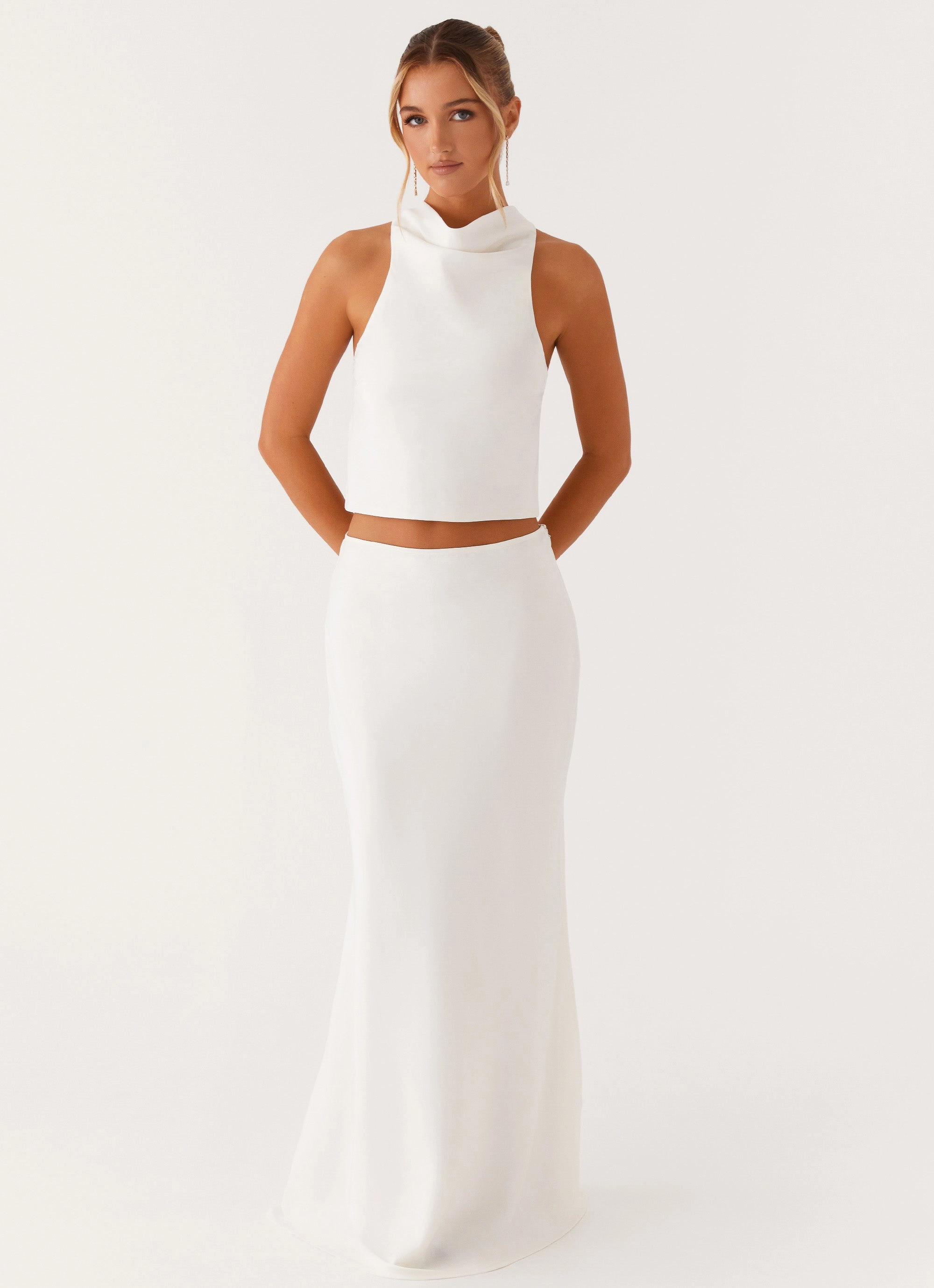 Figure-Flattering Mina Satin Maxi Skirt - White