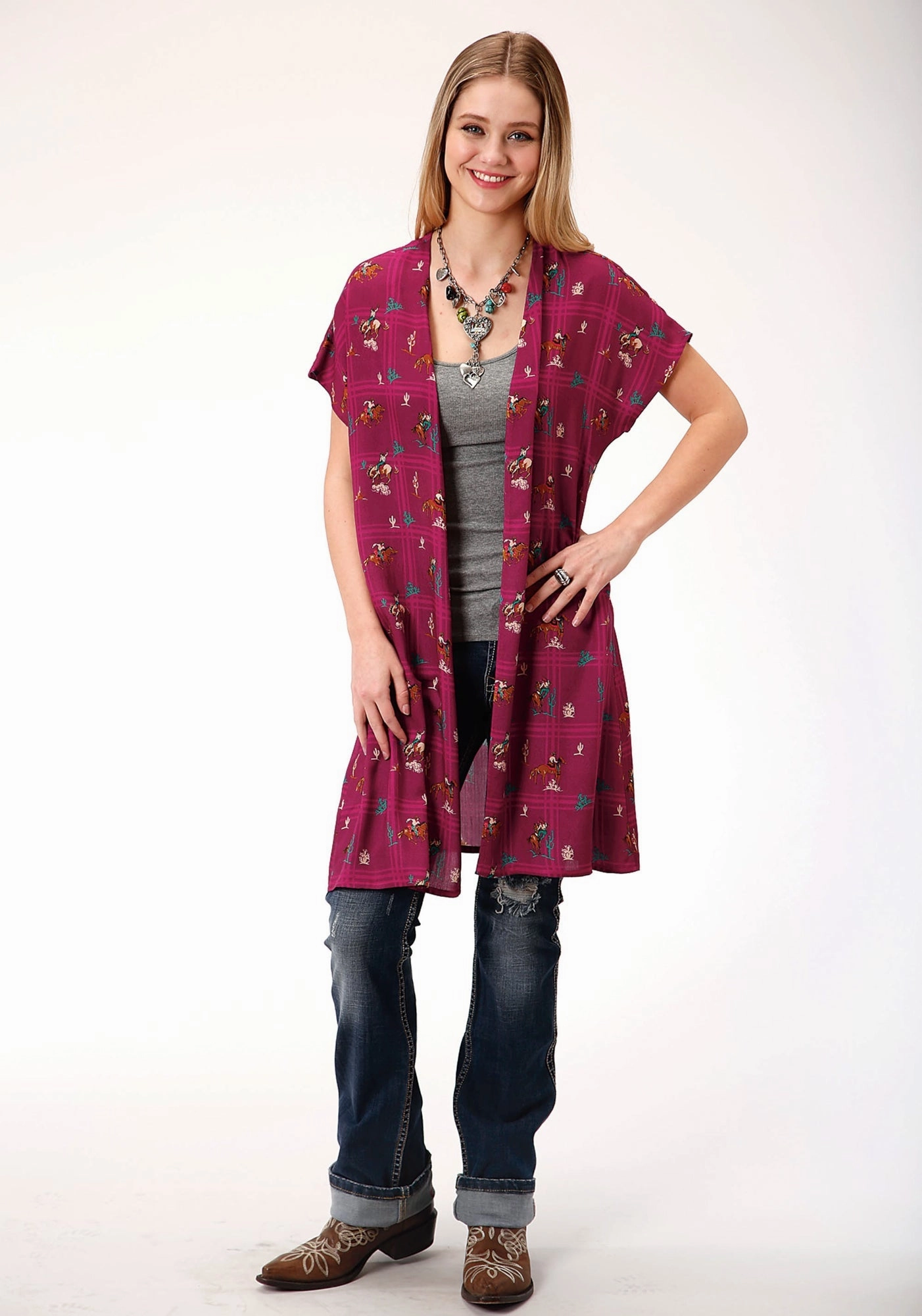 Roper Womens Red Rayon/Nylon Dolman Kimono Cardigan Multi Panel Construction Functional Layer
