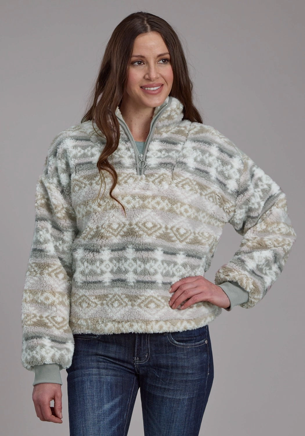 Seamless Welded Construction Roper Womens Fuzzy Aztec Taupe/Gray 100% Polyester Fleece Jacket