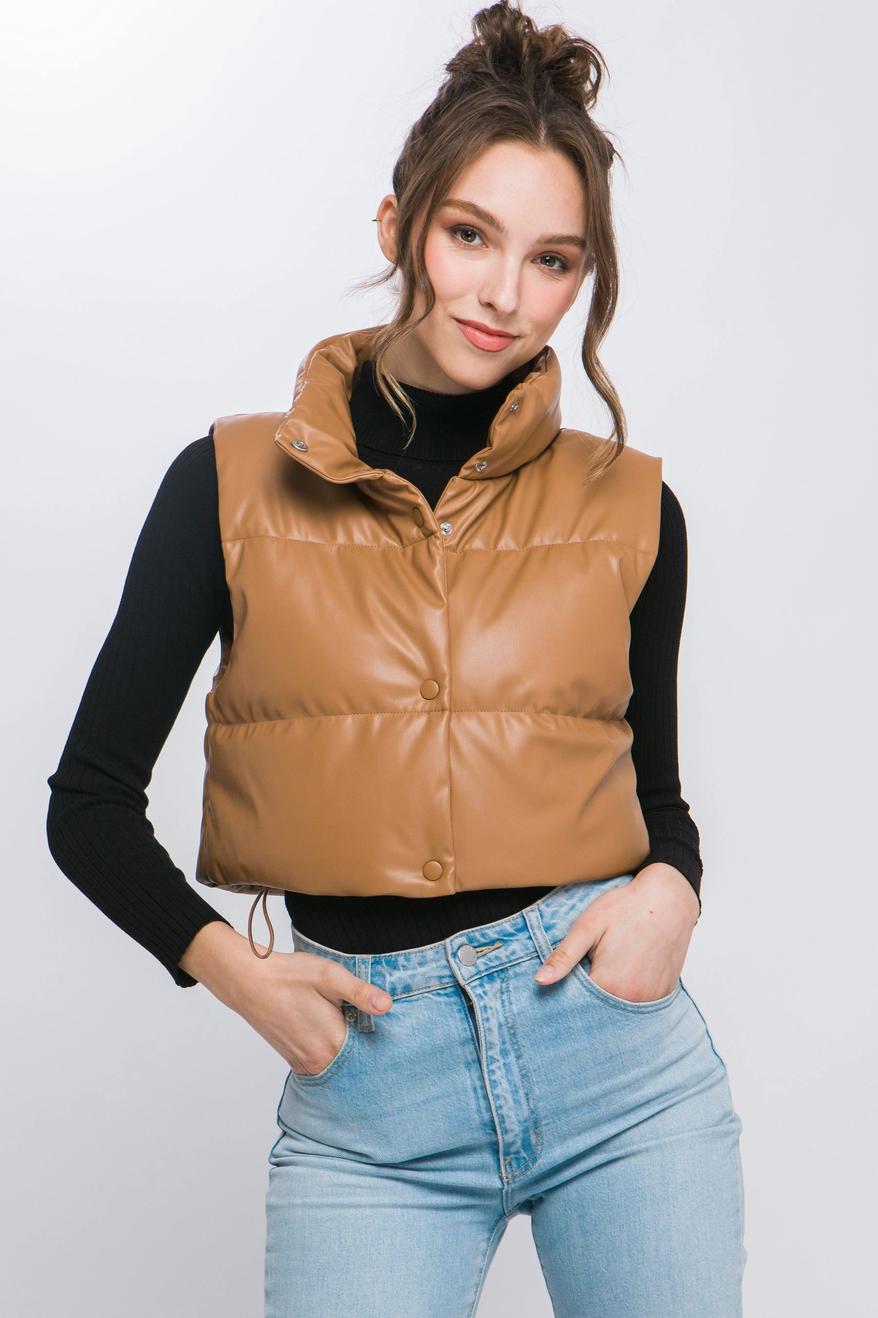 Susie Faux Leather Puffy Vest Casual Long Sleeve TemperatureRegulating Fabric