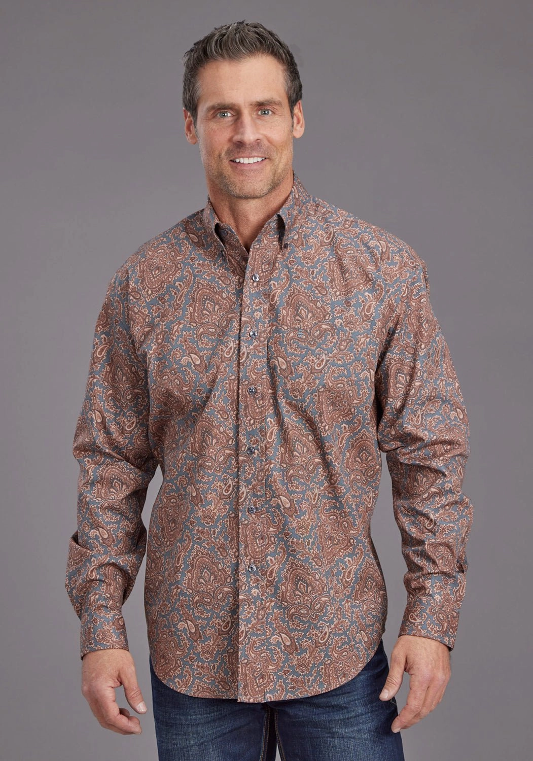 Stetson Mens 2143 Copper Paisley Brown 100% Cotton 1 Pkt L/S Shirt High Neck