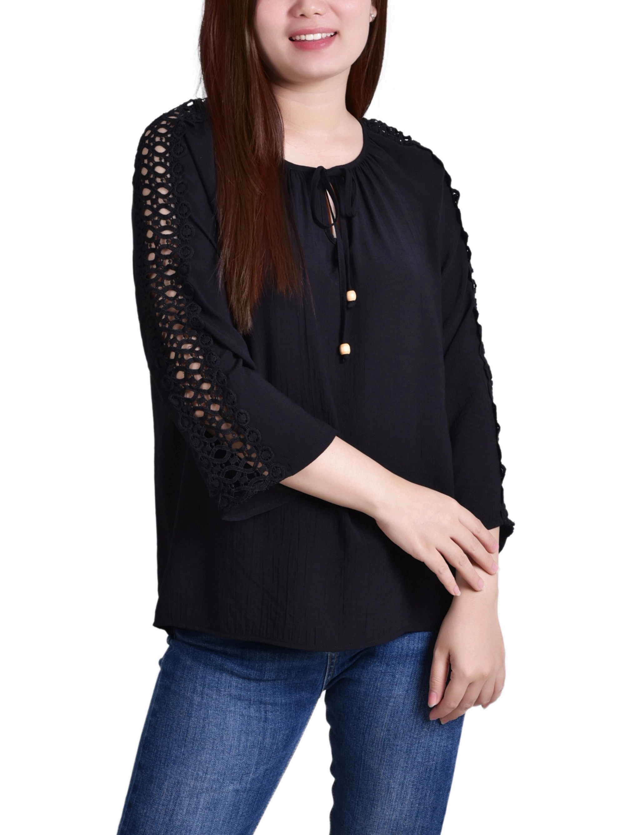 LayeredNeckline 3/4 Sleeve Crochet Detail Blouse