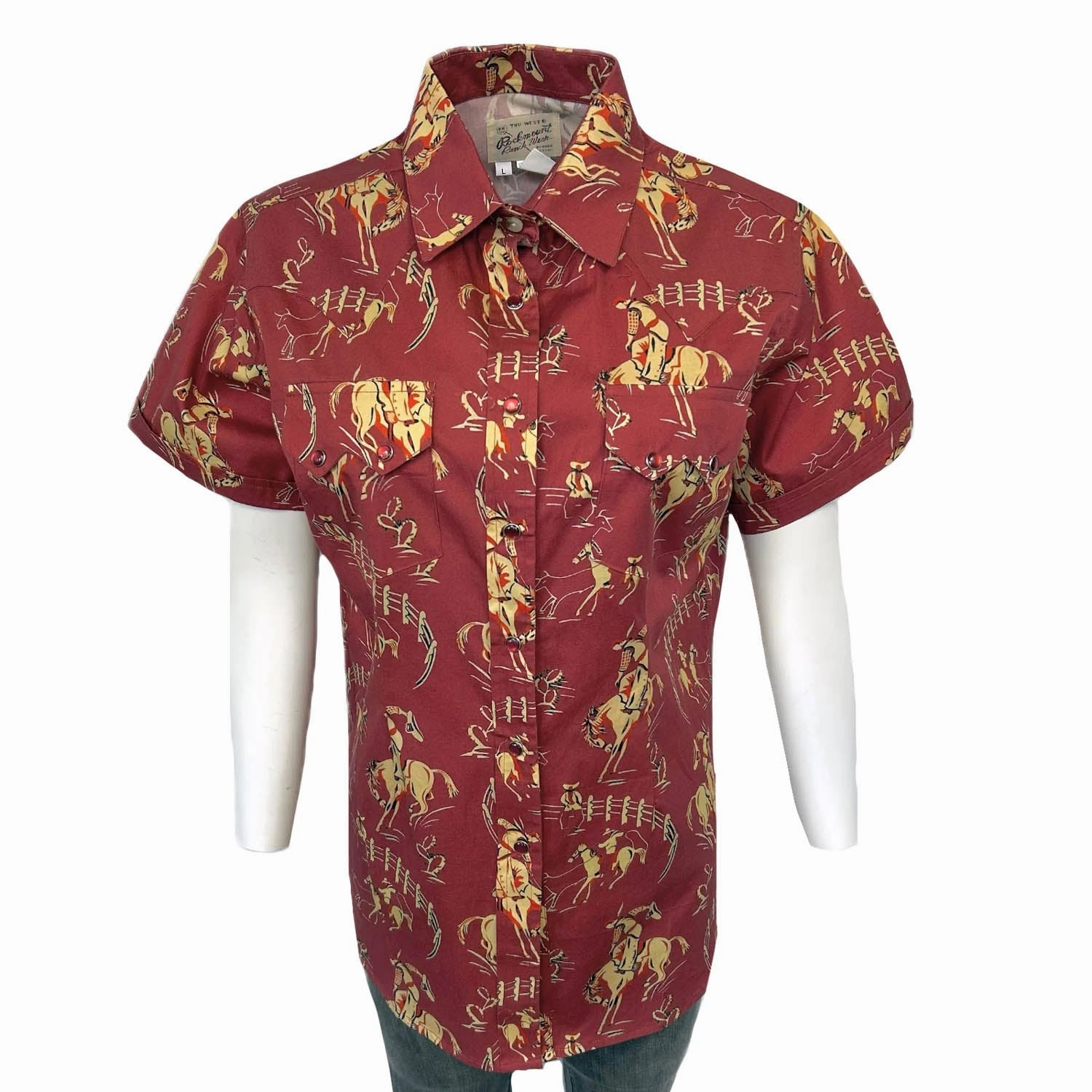 Rockmount Womens Vintage Bronc Print Red 100% Cotton S/S Shirt High-Quality Fabric