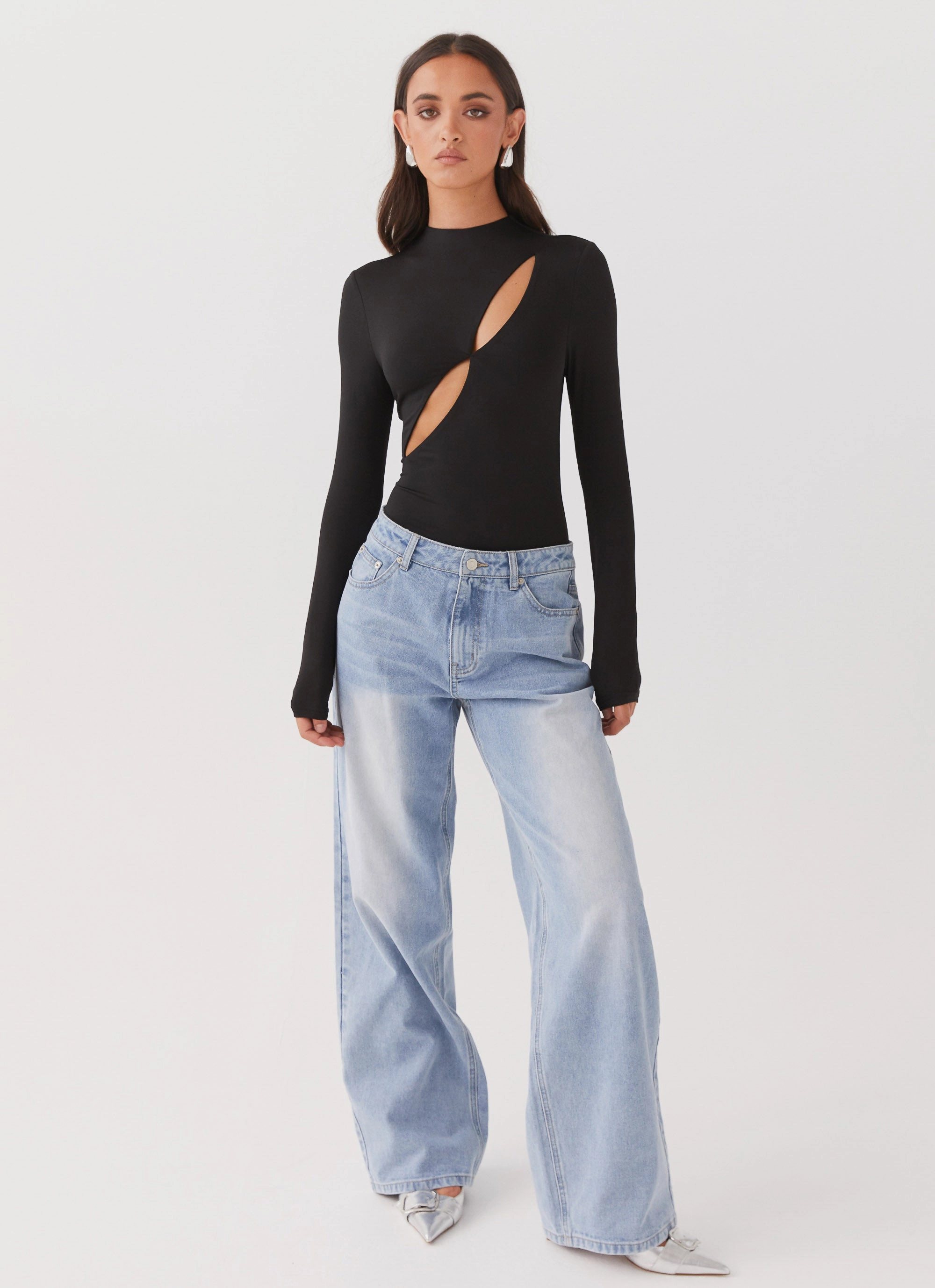 Convertible Collar Special Affair Long Sleeve Bodysuit - Black