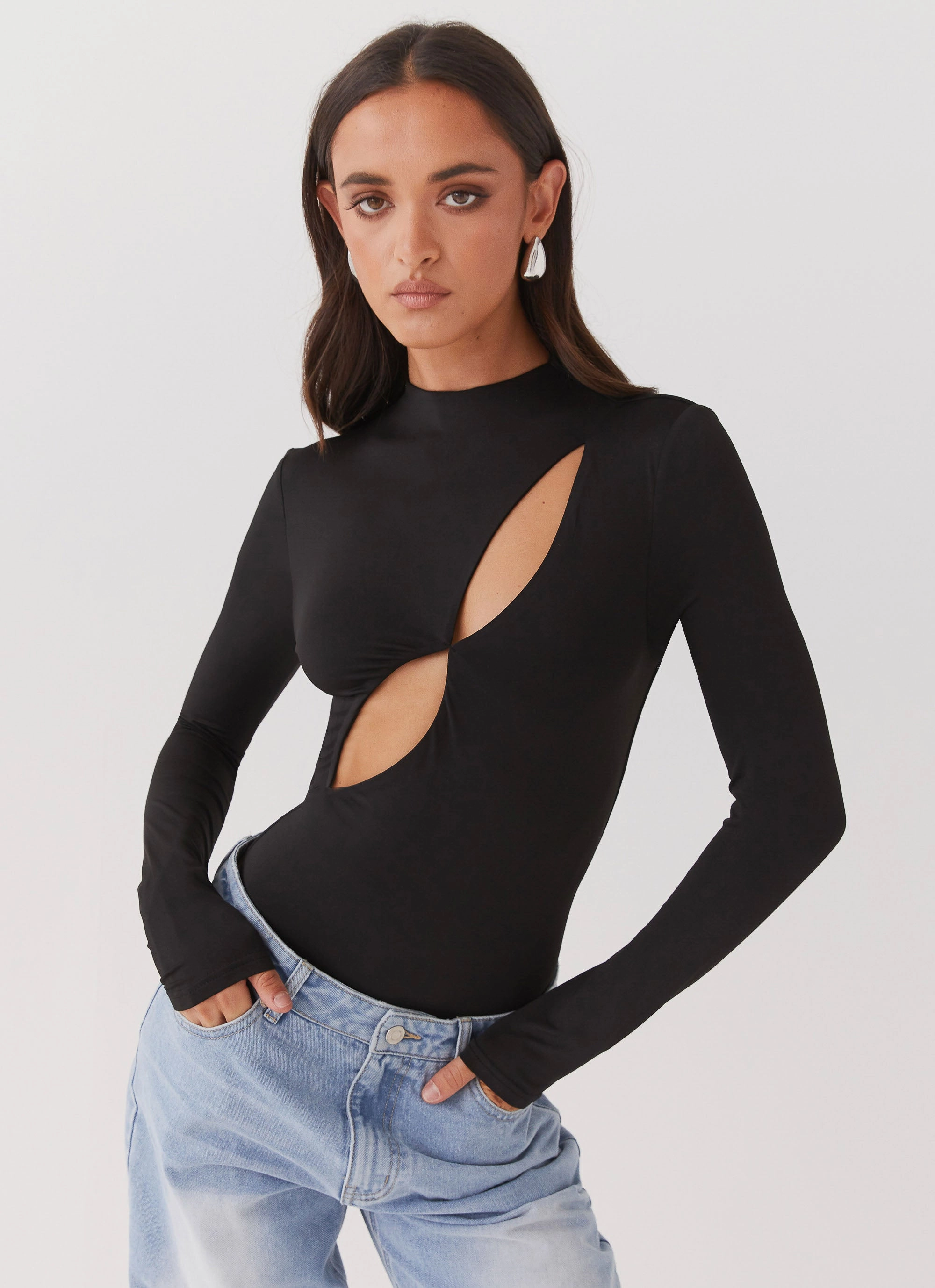 Classic Tank Compact Jacquard Weave Special Affair Long Sleeve Bodysuit - Black
