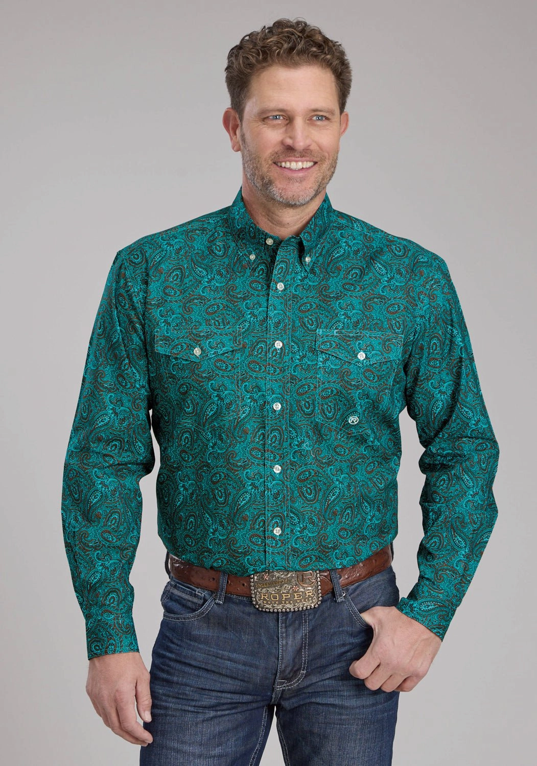 Modern Fit Roper Mens 2238 Mallard Paisley Teal 100% Cotton Btn L/S Shirt