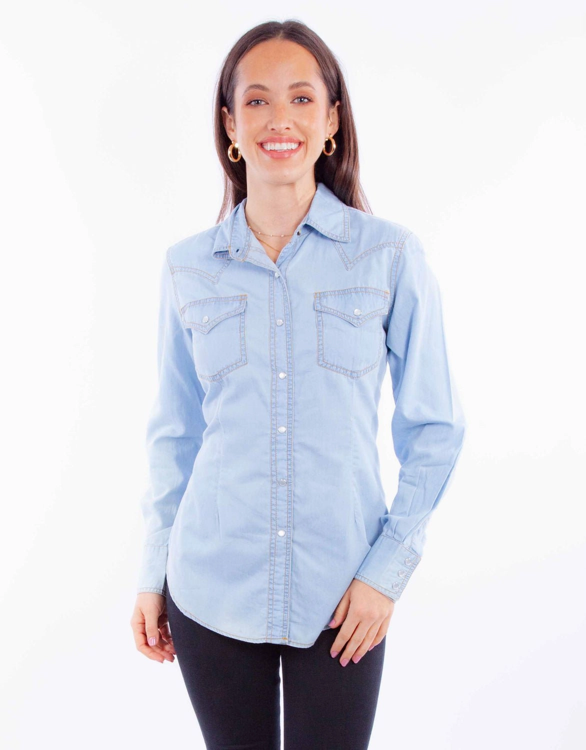 Tuckable Hem Scully Womens Contrast Thread Light Blue 100% Cotton L/S Shirt