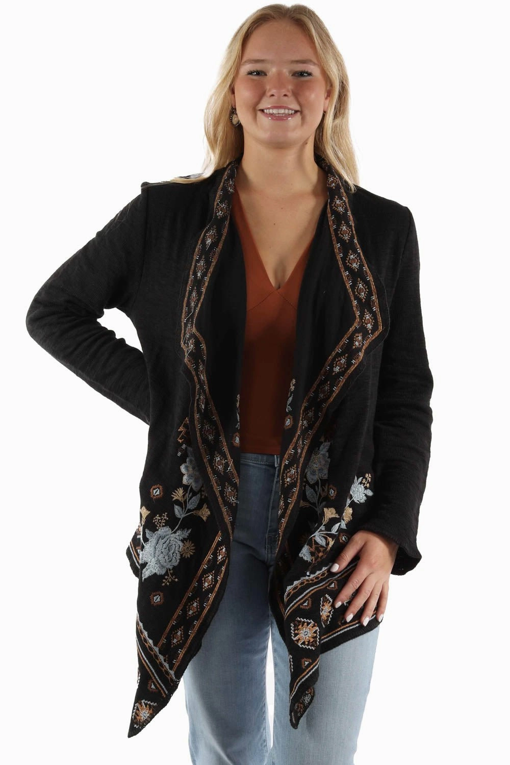 Convertible Cuff System Scully Womens Embroidered Waterfall Front Black 100% Cotton Cardigan Sweater