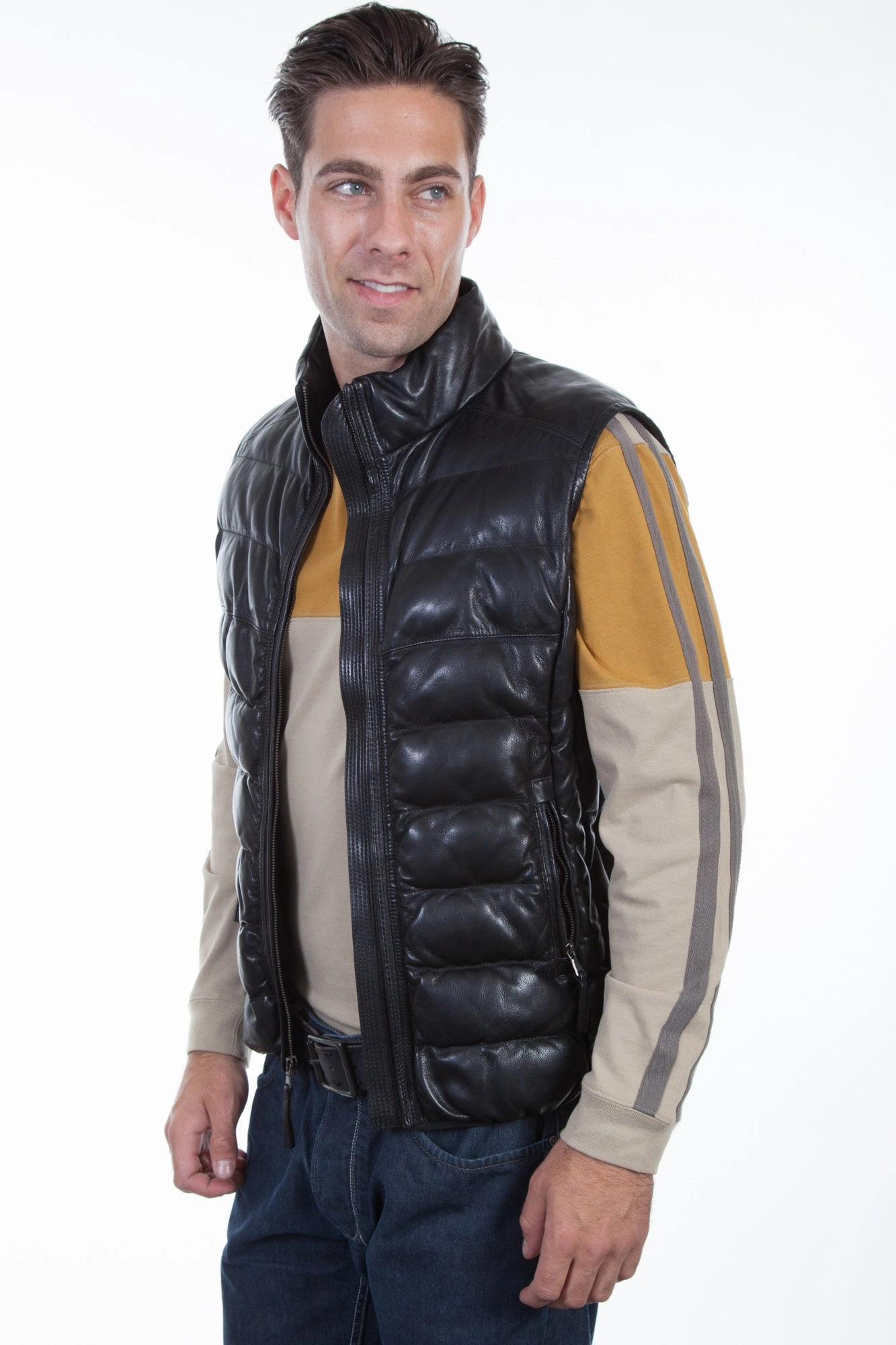 Stain Resistant Scully Mens Black Leather Ribbed Vest