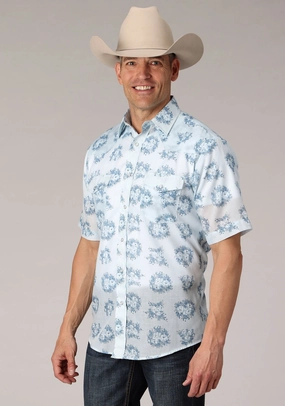 Weekend Vibes Roper Mens 2066 Multi Floral Blue Cotton Blend S/S Shirt