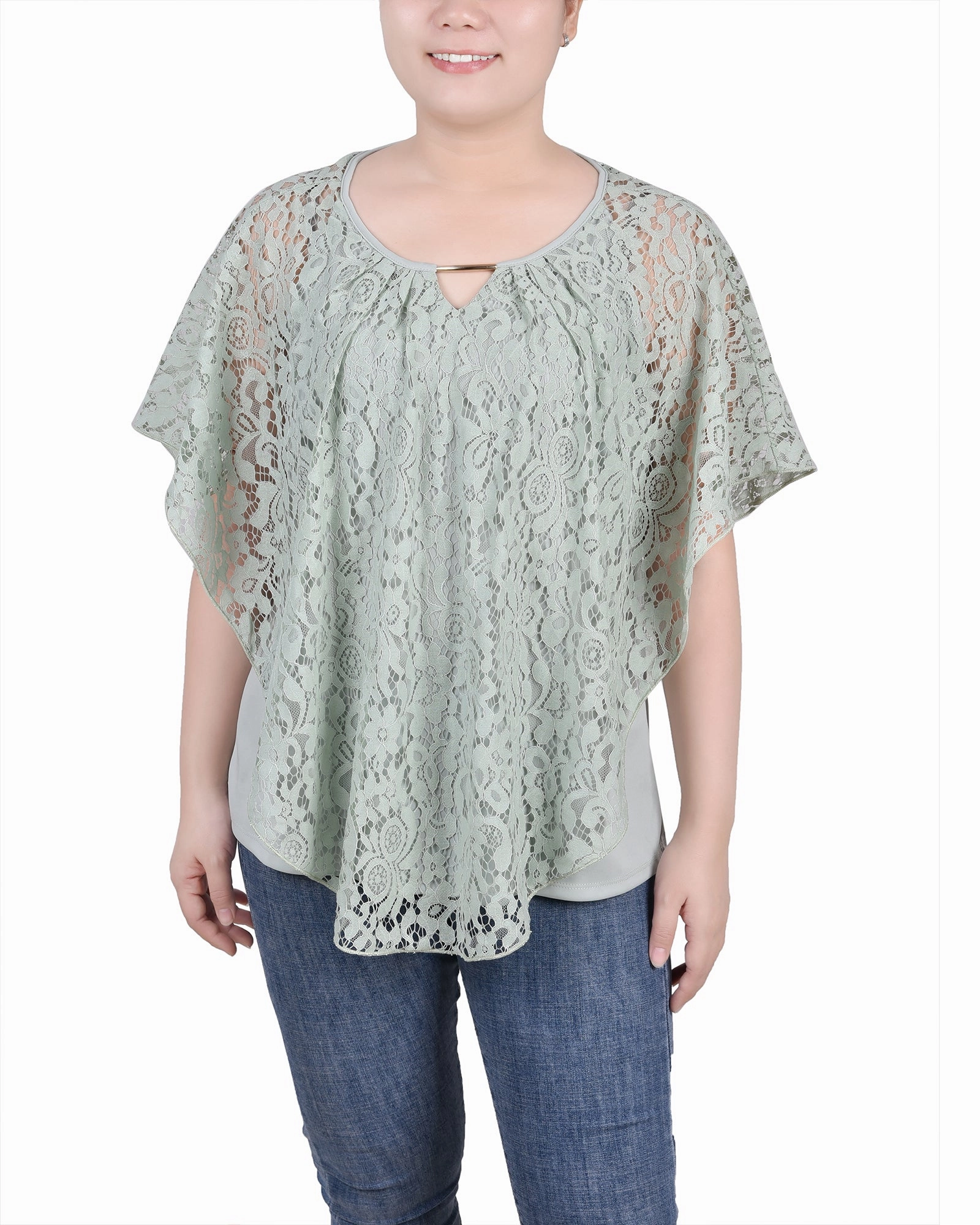Tencel Blend Fabric Petite Lace Poncho With Bar