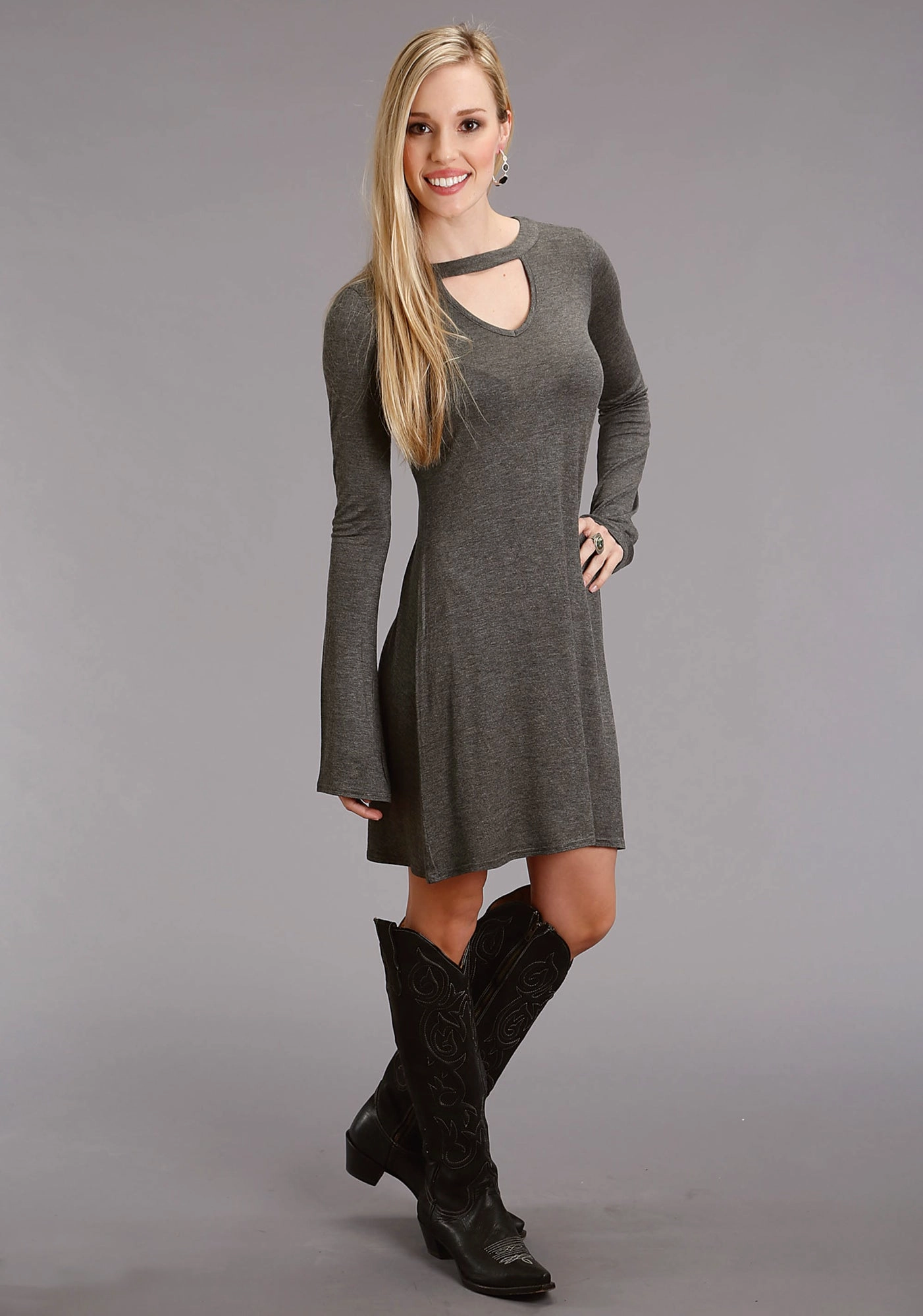 Stetson Womens Choker Keyhole Grey Rayon/Spandex L/S Dress AntiPillTreatment Refined Cut
