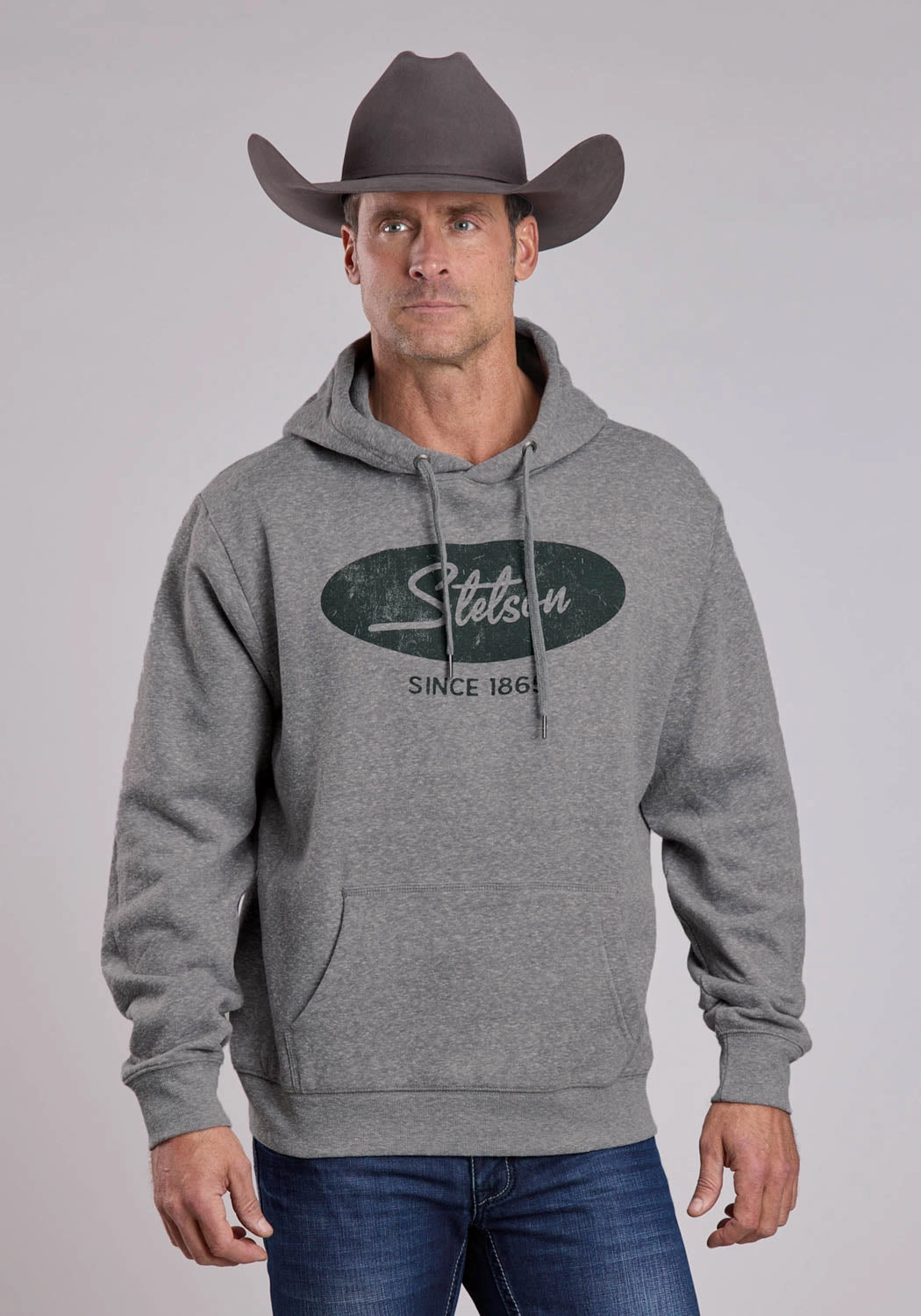Bonded seams Reflective Safety Accents Stetson Mens Script In Circle Grey Cotton Blend Hoodie