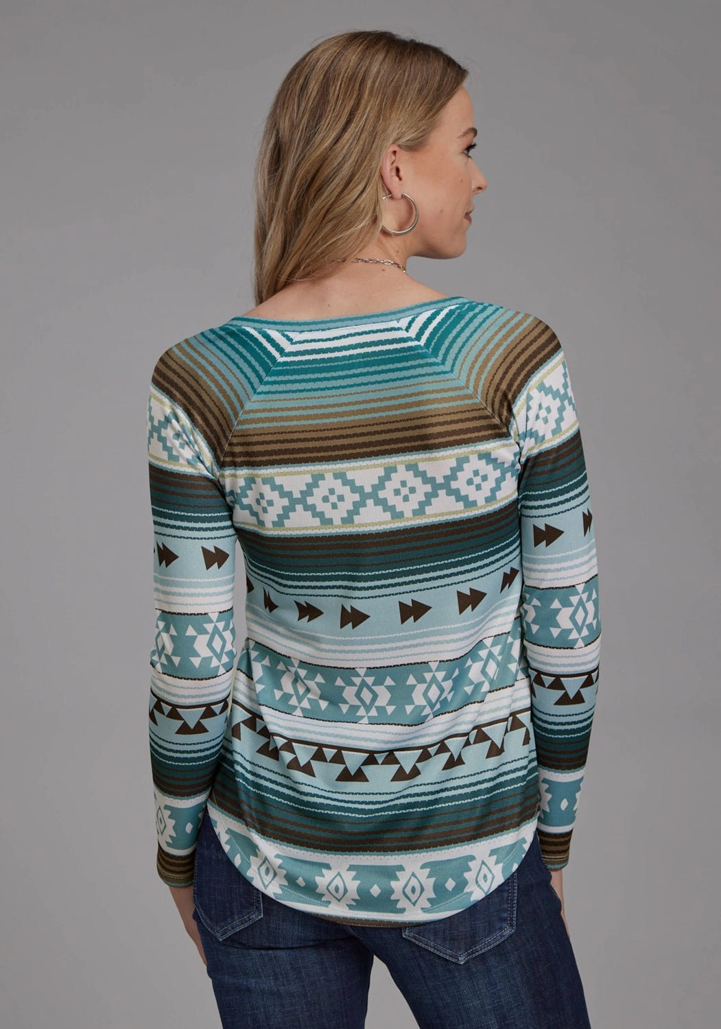 Fall Foliage Roper Womens Aztec Sublimation Teal/Brown Polyester L/S Tunic