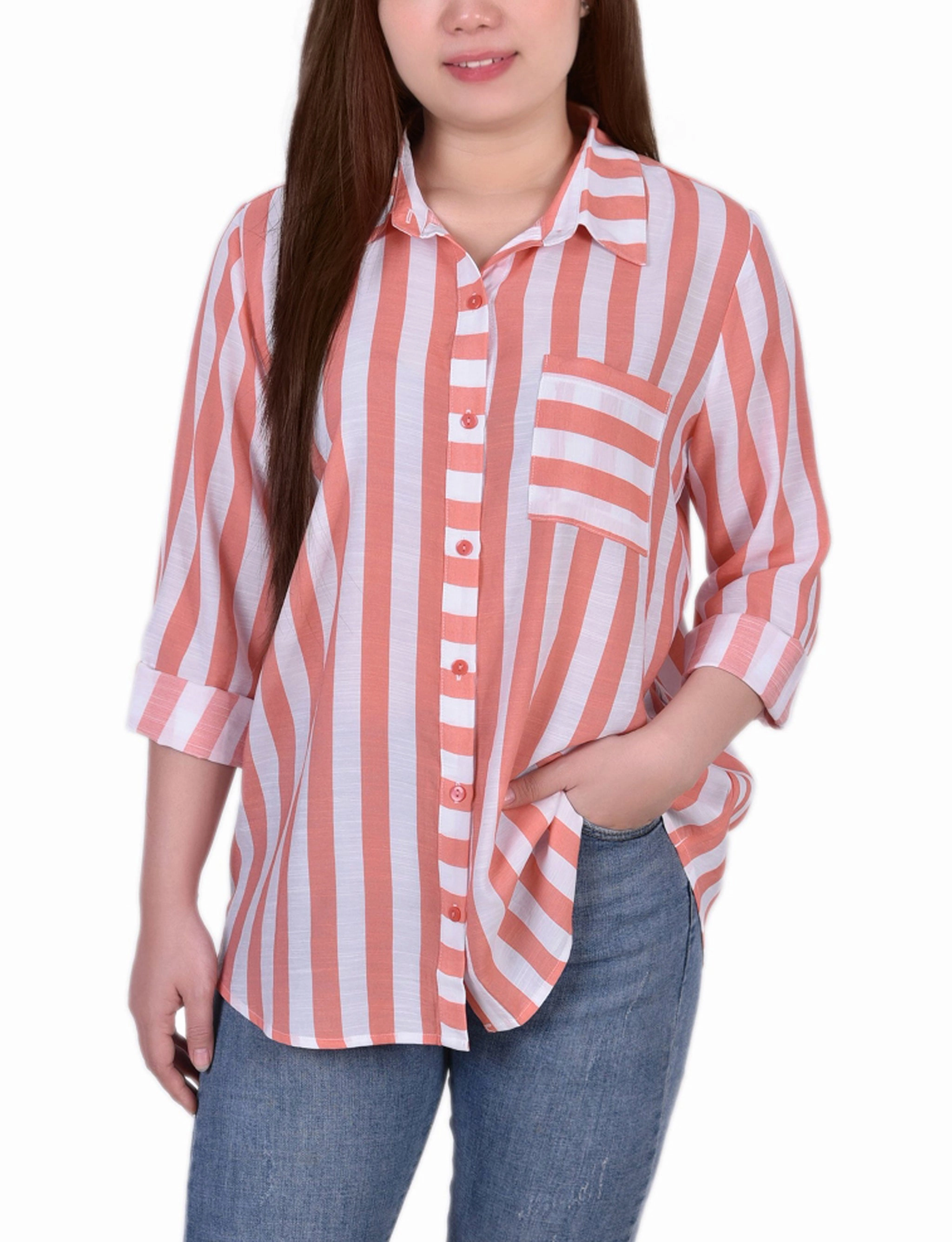 Petite Long Sleeve Striped Blouse TactileWeave Unstructured Fit