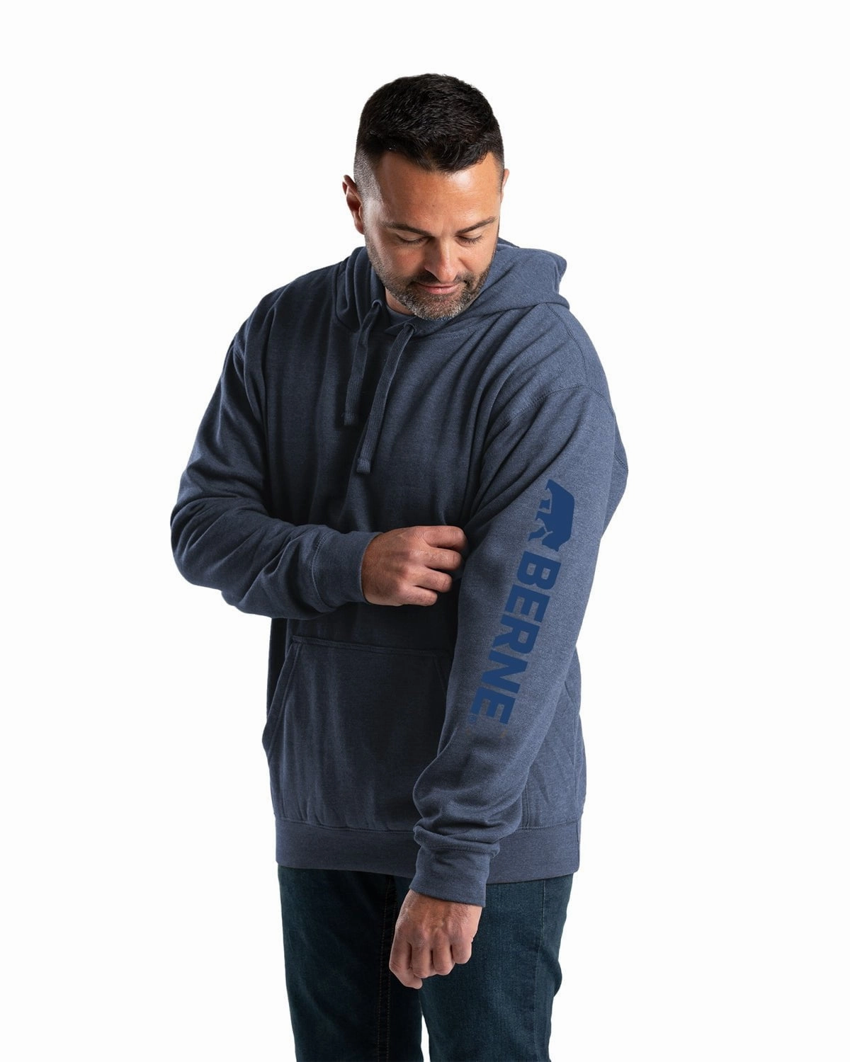Ergonomic Mobility Cut Berne Mens Signature Sleeve Pullover Space Blue Cotton Blend Hoodie