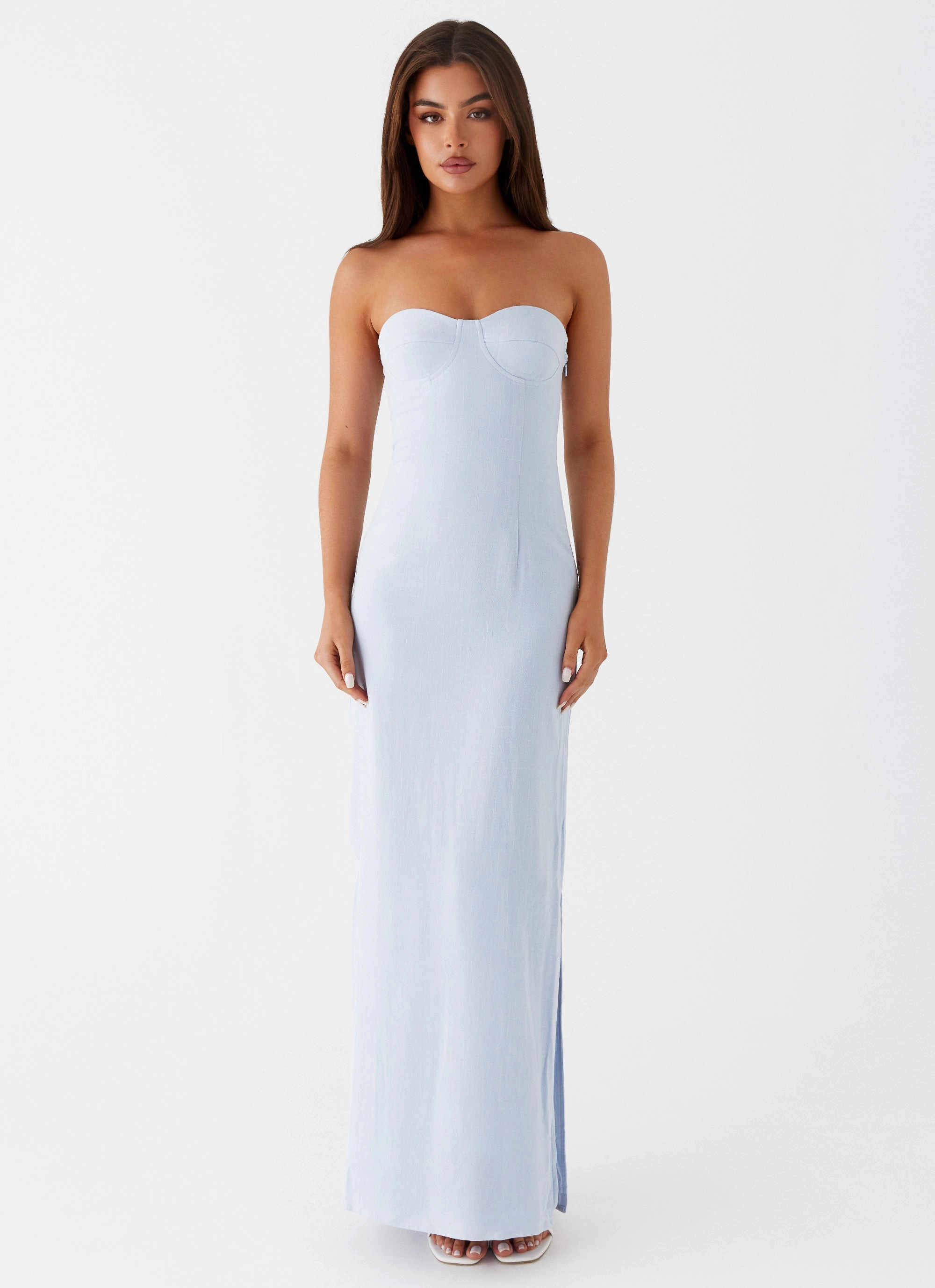 Minimal Touch Textured Surface Esra Linen Strapless Maxi Dress - Blue
