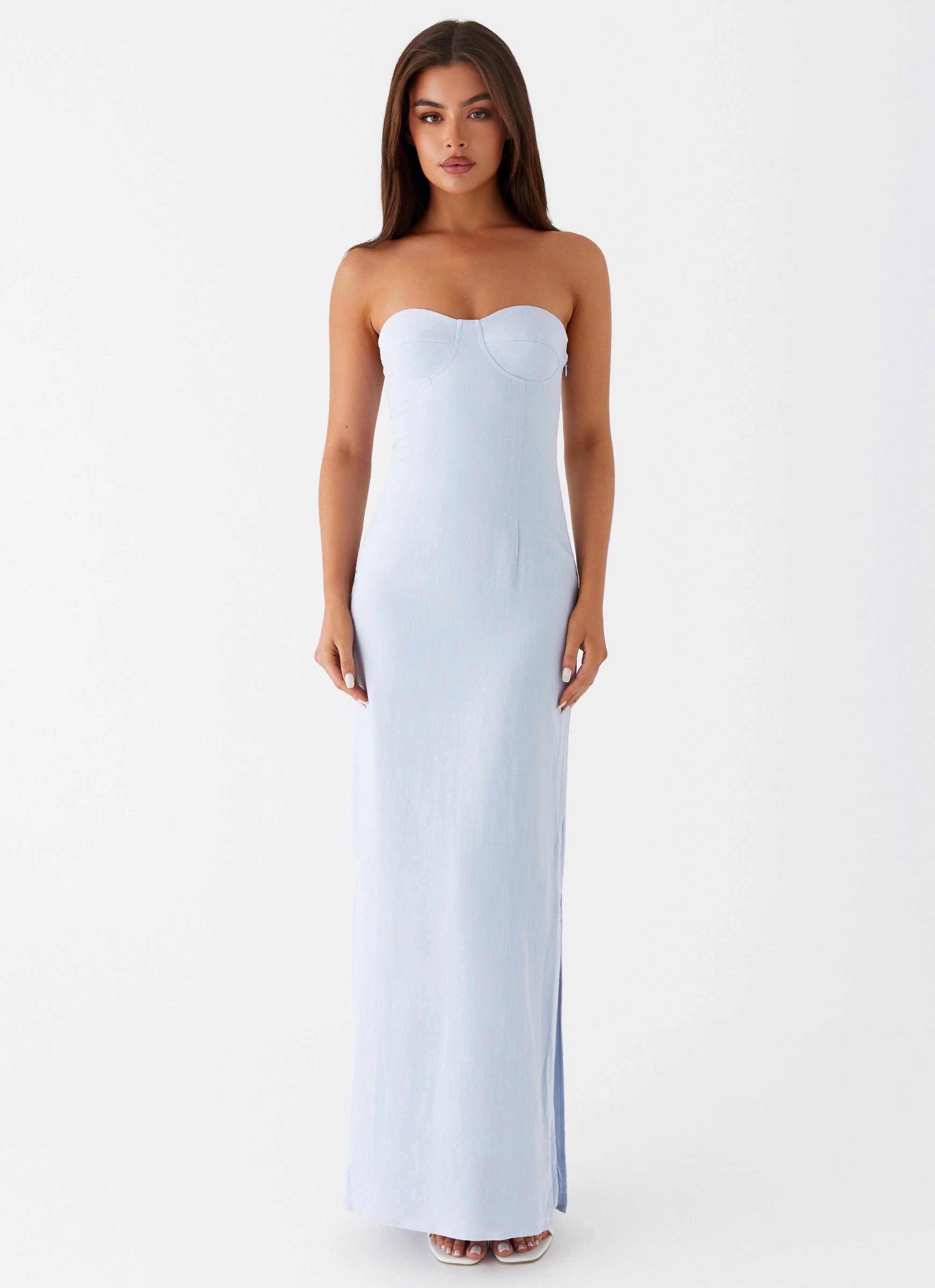 Esra Linen Strapless Maxi Dress - Blue Front-Zip Cozy Comfort