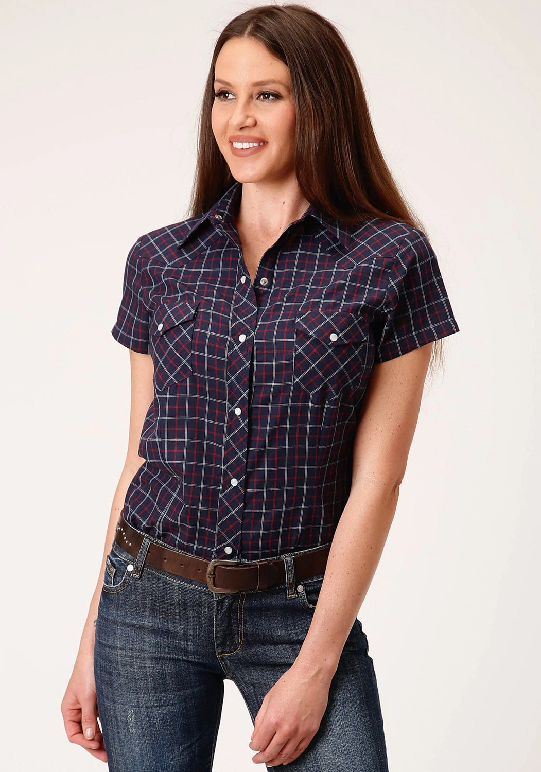 Low Profile Pocket Design Refined Aesthetic Roper Womens 1513 Windowpane Navy/Red Cotton Blend S/S Shirt
