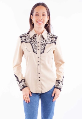 Scully Womens Embroidered Floral Tan Poly/Rayon L/S Shirt Year-Round Wear
