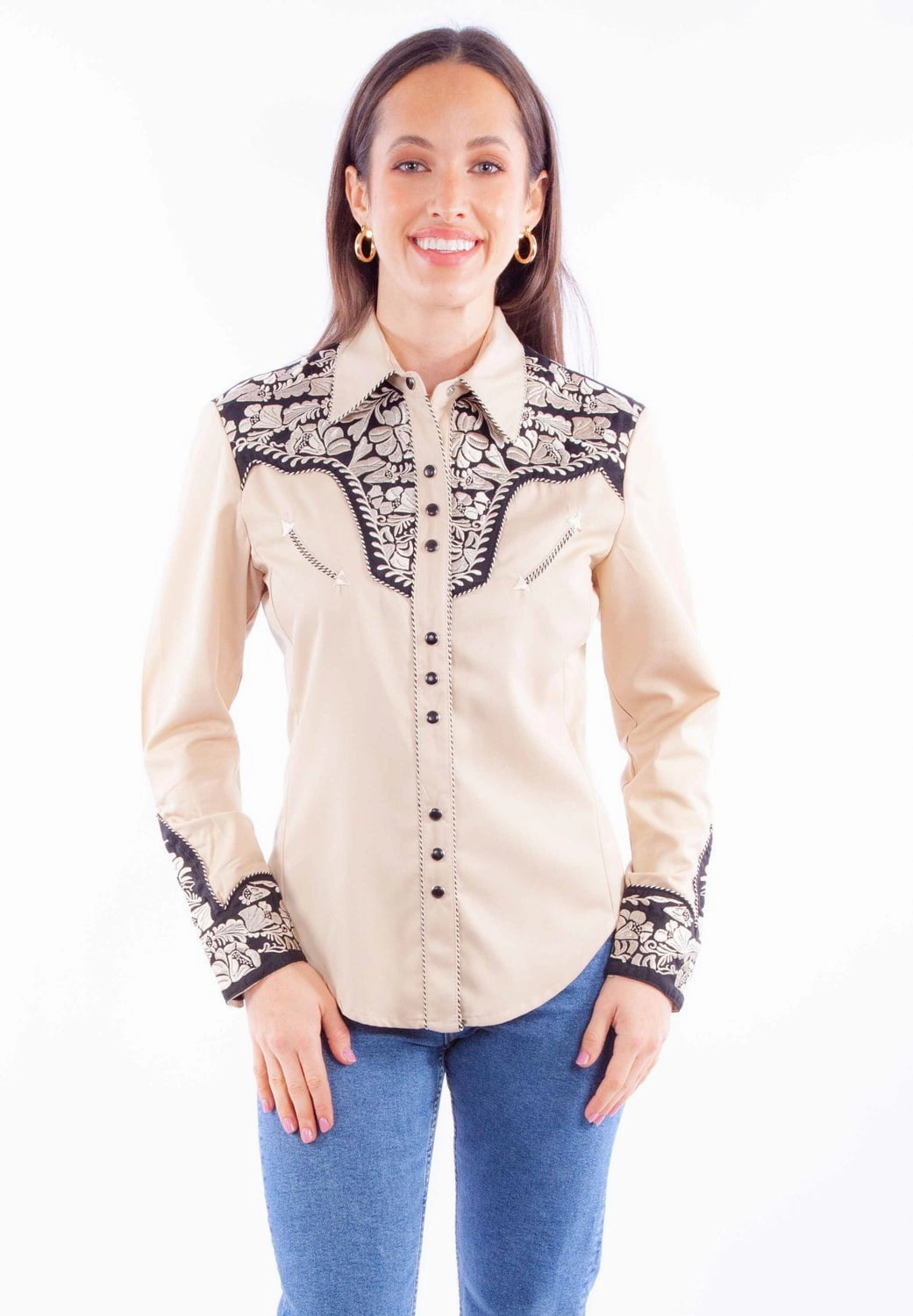 Scully Womens Embroidered Floral Tan Poly/Rayon L/S Shirt Year-Round Wear
