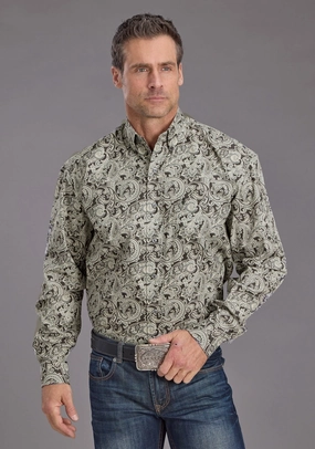 Stetson Mens 2235 Silver Paisley Grey 100% Cotton 1 Pkt L/S Shirt Gym Wear