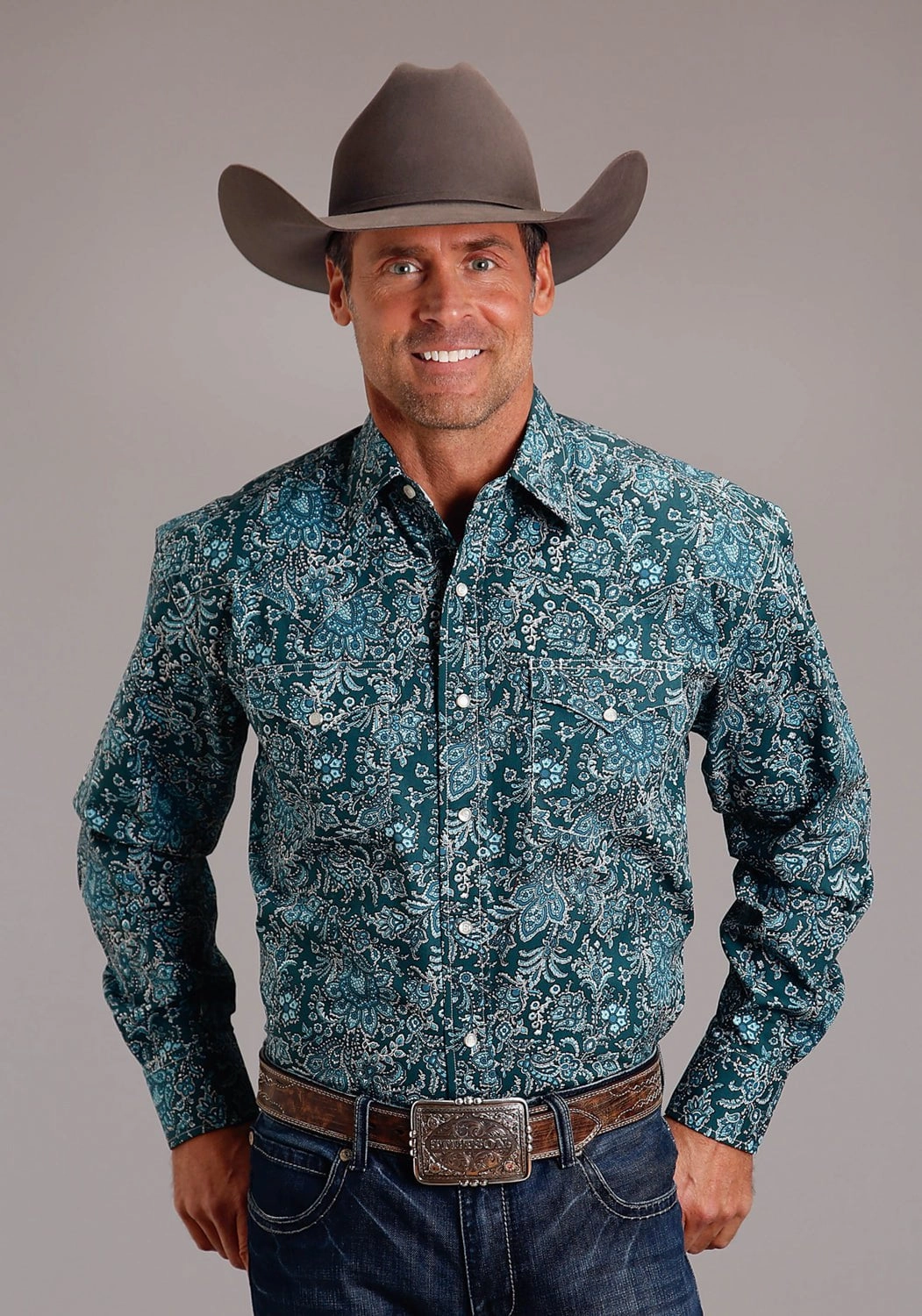 Stetson Mens Forest Paisley Green 100% Cotton L/S Shirt Minimalist Style Workwear Essential