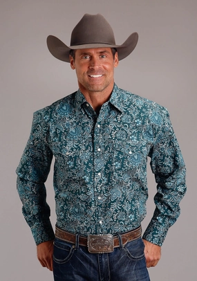 Stetson Mens Forest Paisley Green 100% Cotton L/S Shirt Minimalist Style Workwear Essential