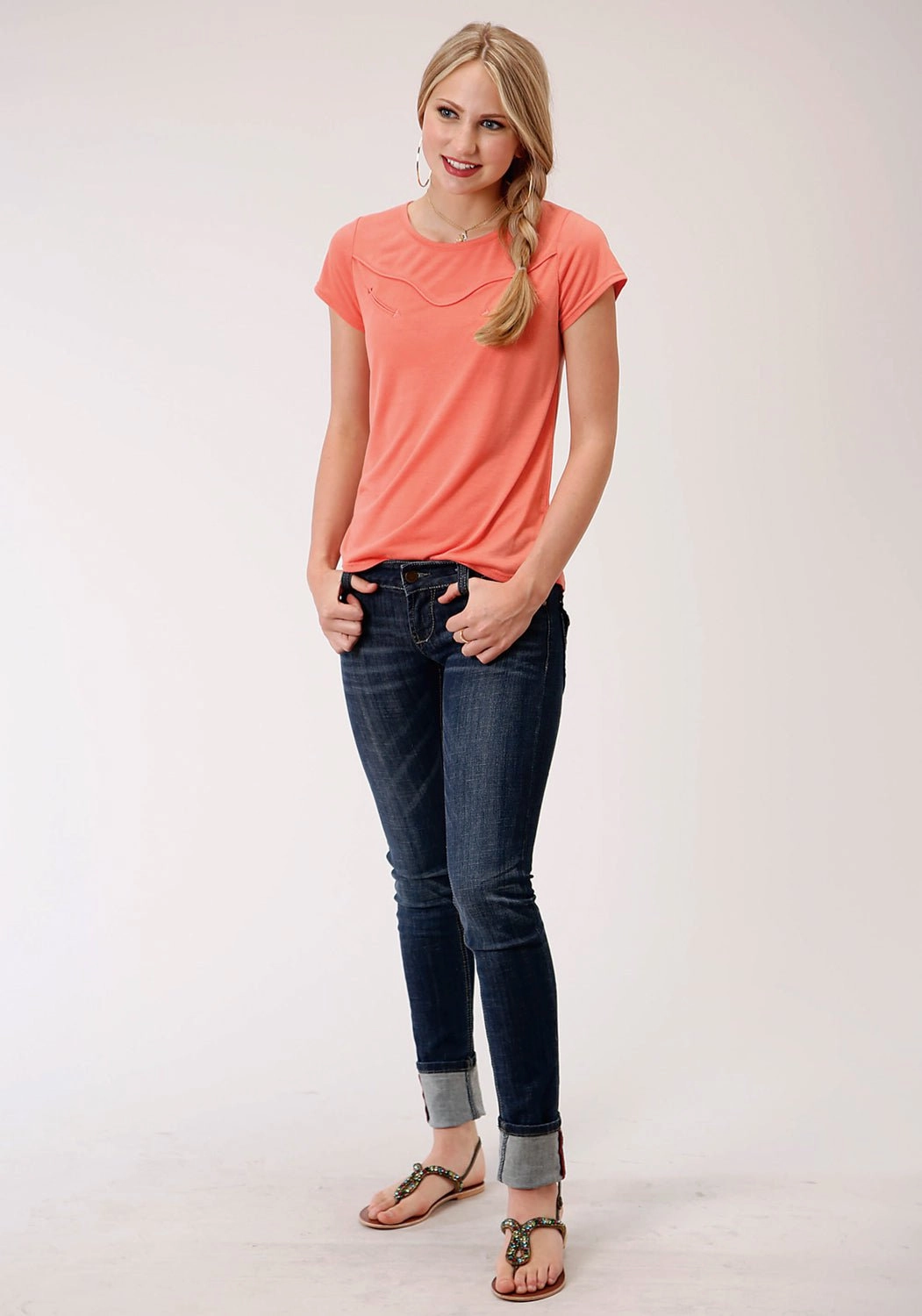 Polished Placket Roper Womens Coral Red Poly/Rayon Curved Yoke S/S T-Shirt