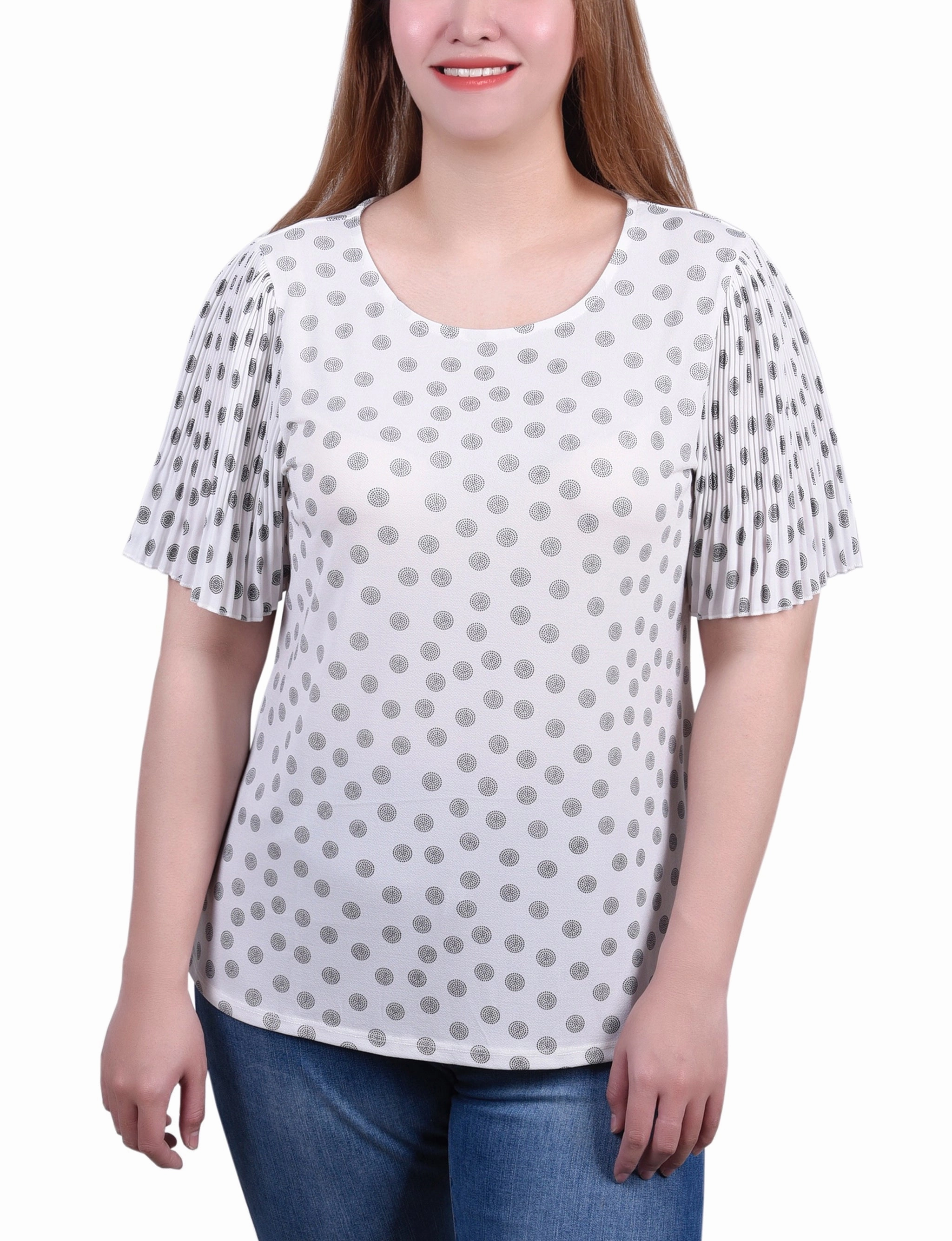 Pleated-Sleeve Top Double Layered Hem