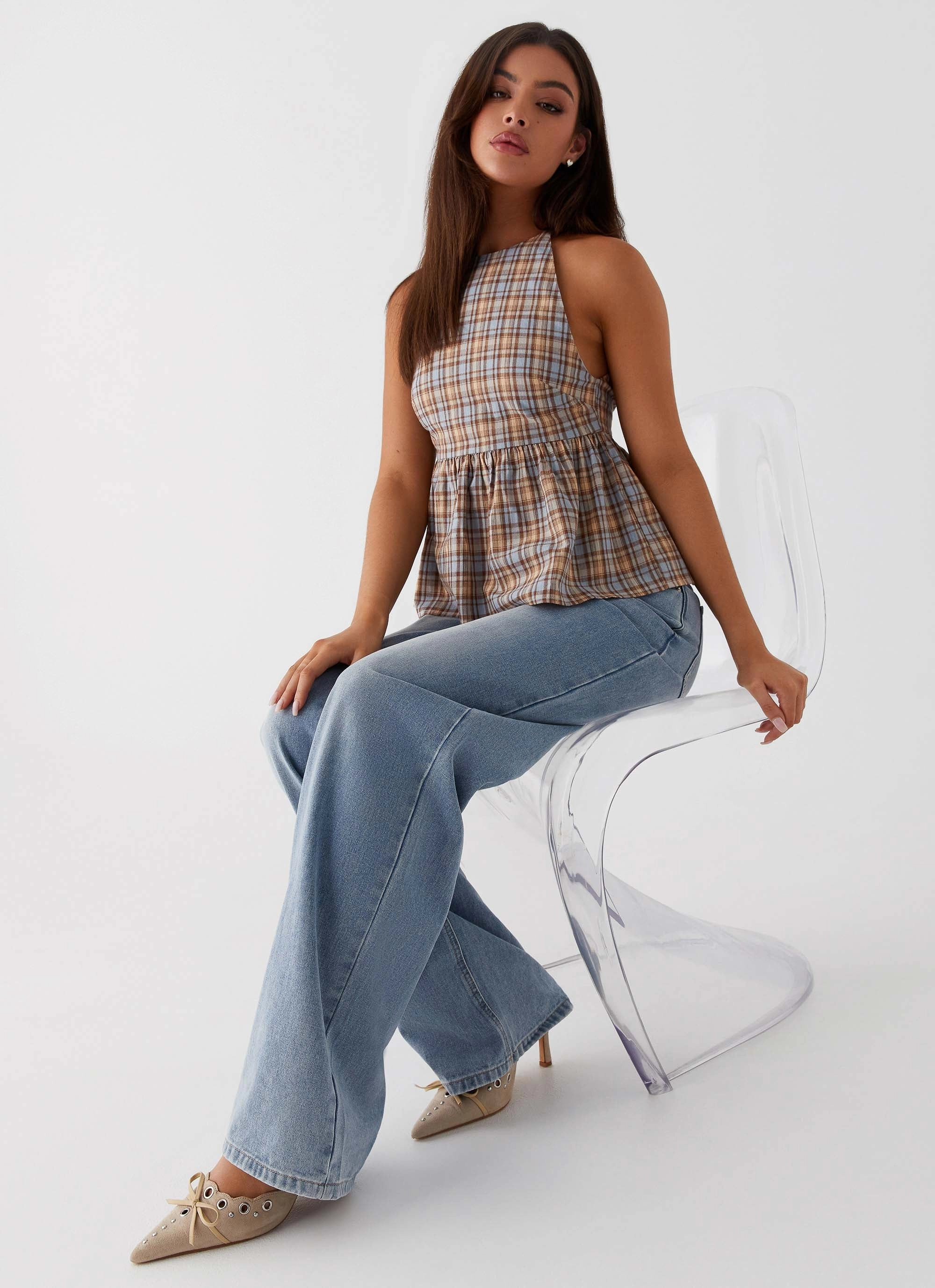 Tanith Ruffle Top - Brown Check Reverseble Design