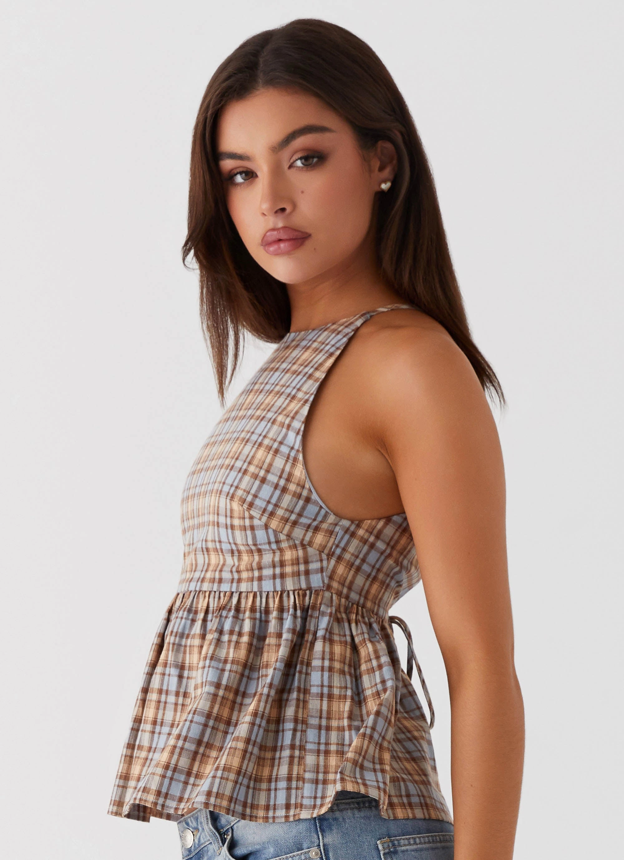 TaglessCollar Tanith Ruffle Top - Brown Check