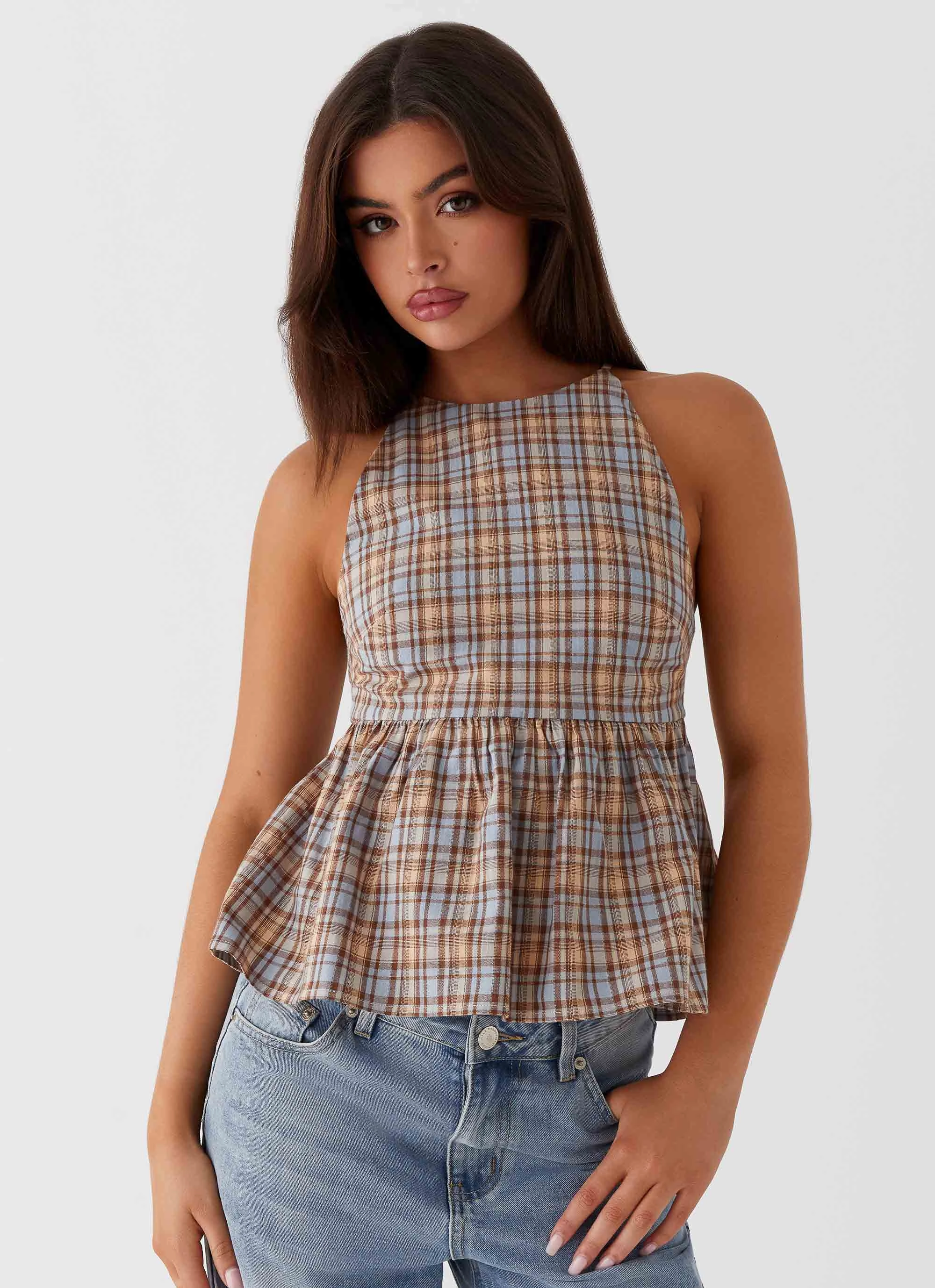Tanith Ruffle Top - Brown Check Airflow Ventilation Zones