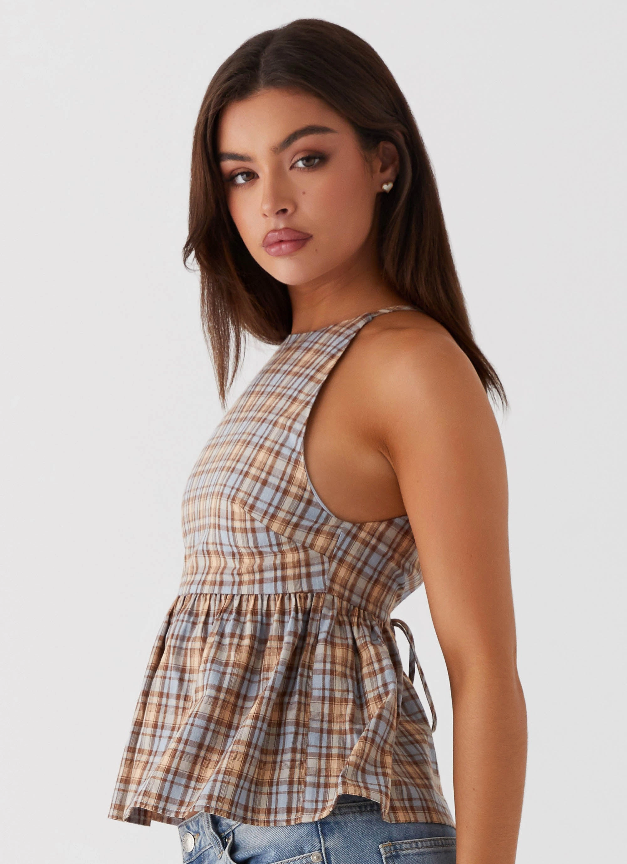 BondedHemline Elegant Cut Tanith Ruffle Top - Brown Check