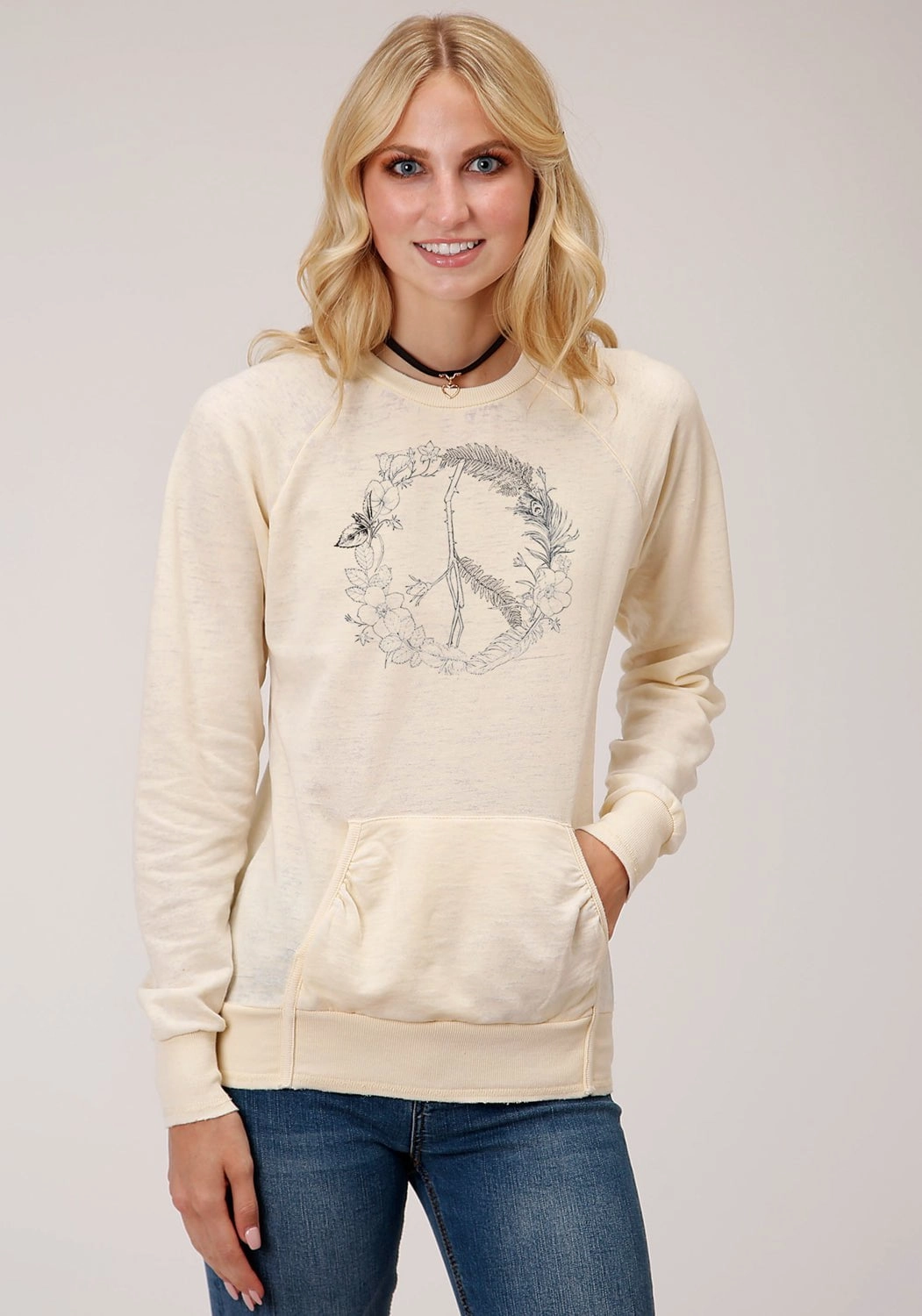 Stylish Warmth Warm Layers Roper Womens Cream Cotton Blend Peace Sign Wreath Sweatshirt